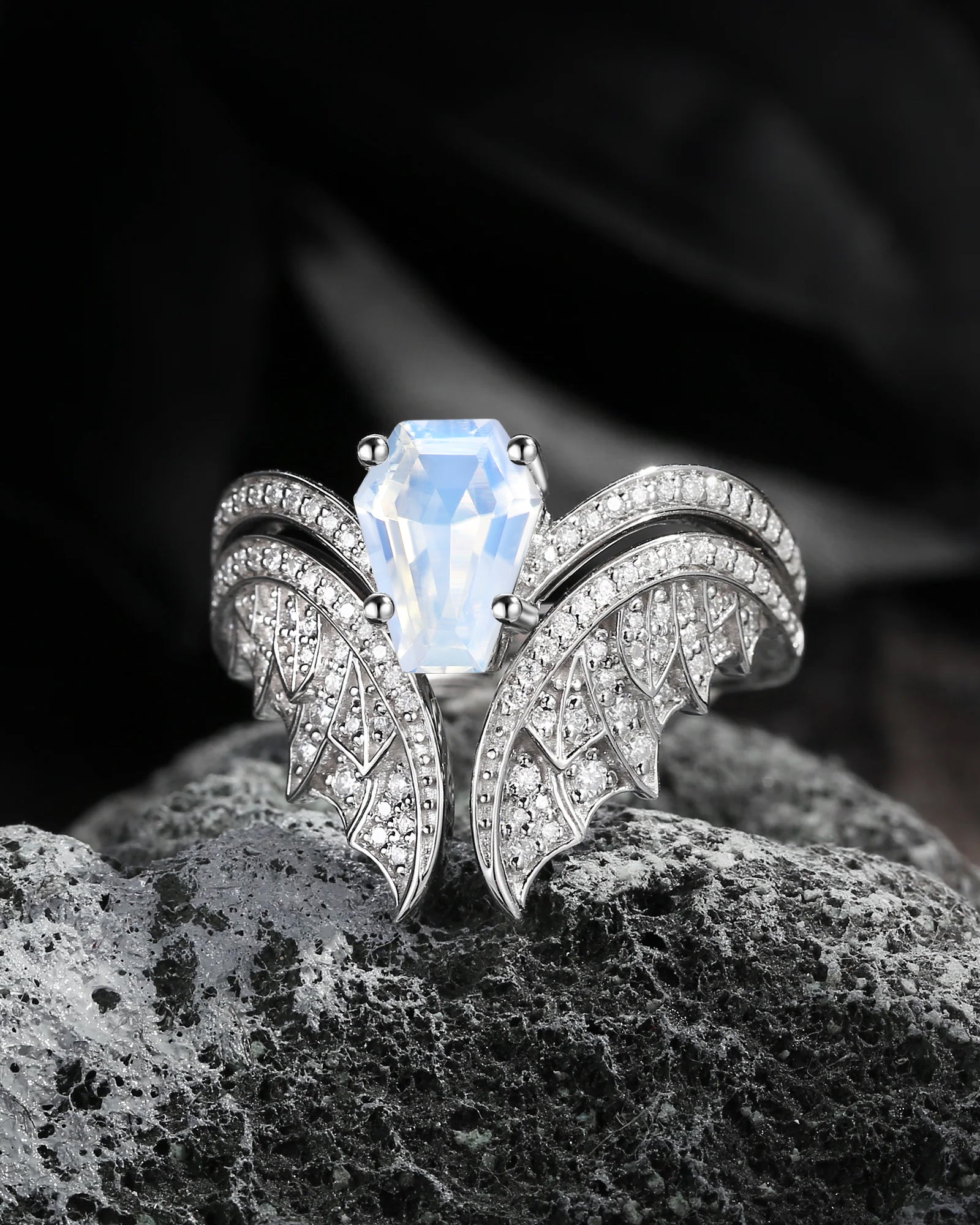 Coffin Cut Moonstone Vintage Bridal Set 2pcs - Bat Ring