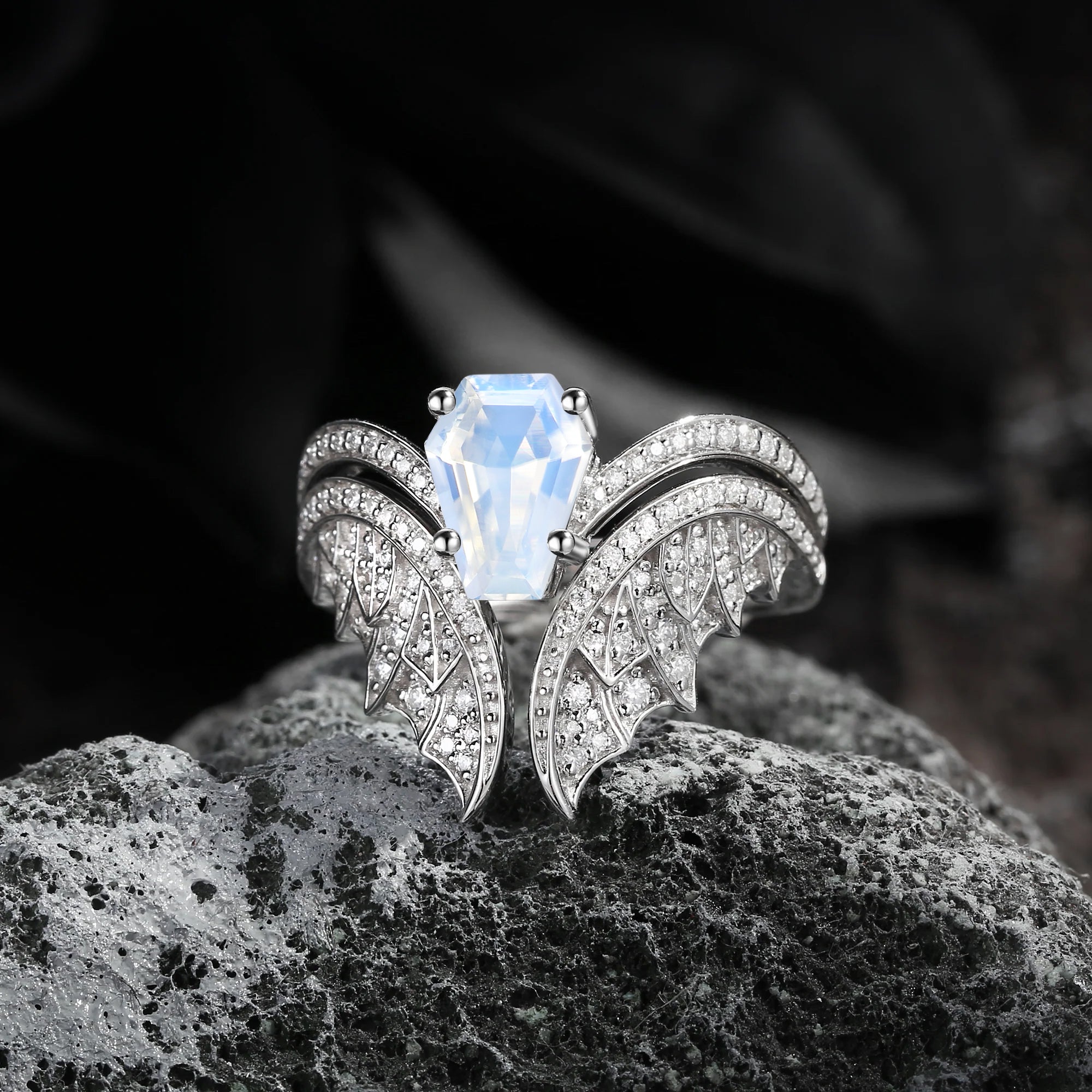 Coffin Cut Moonstone Vintage Bridal Set 2pcs - Bat Ring