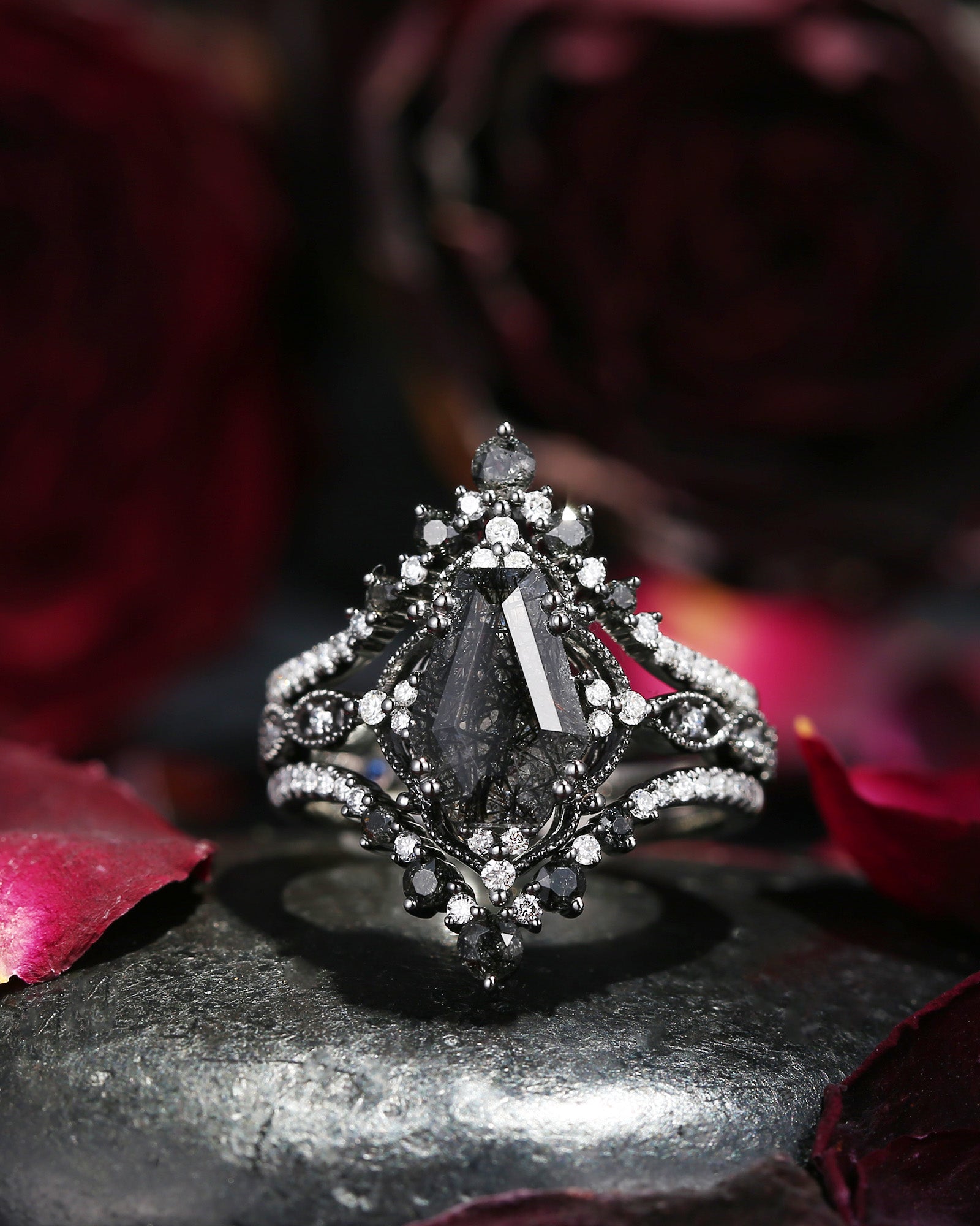 Vintage Inspired Coffin Cut Black Rutilated Quartz Black Gold Ring Bridal Set 3pcs
