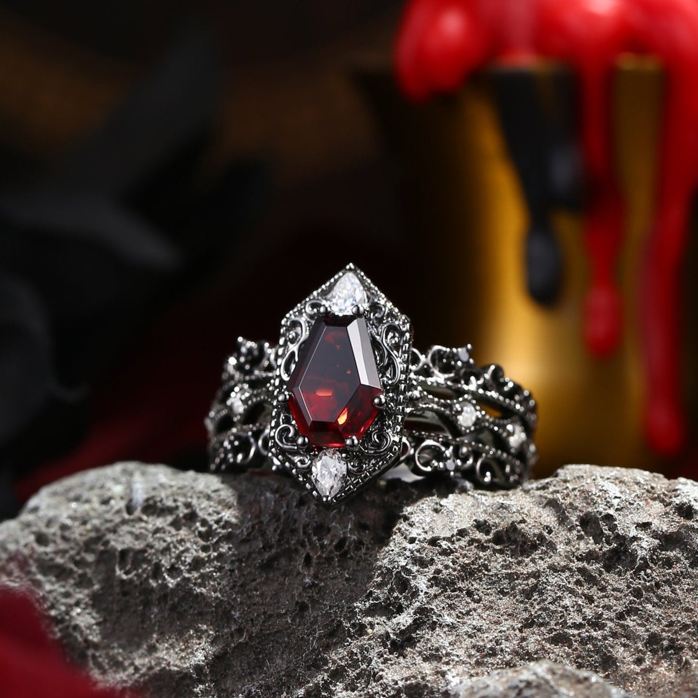 Vintage Inspired Coffin Cut Garnet Vampire Shield Engagement Ring Set 3pcs