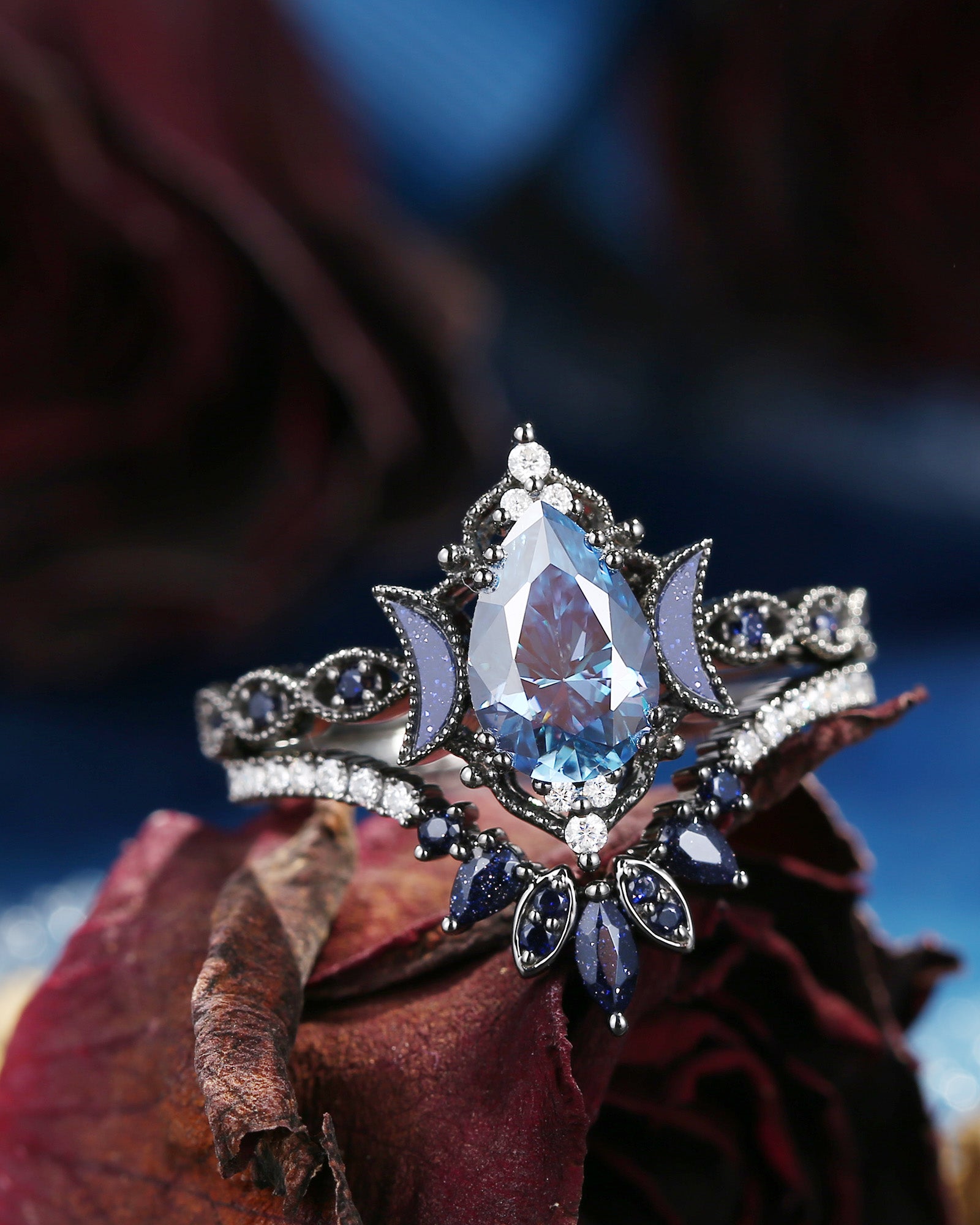 Crescent Moon | Pear Cut Blue Moissanite 'Ultra Galaxy' Black Gold Engagement Ring Set 2pcs
