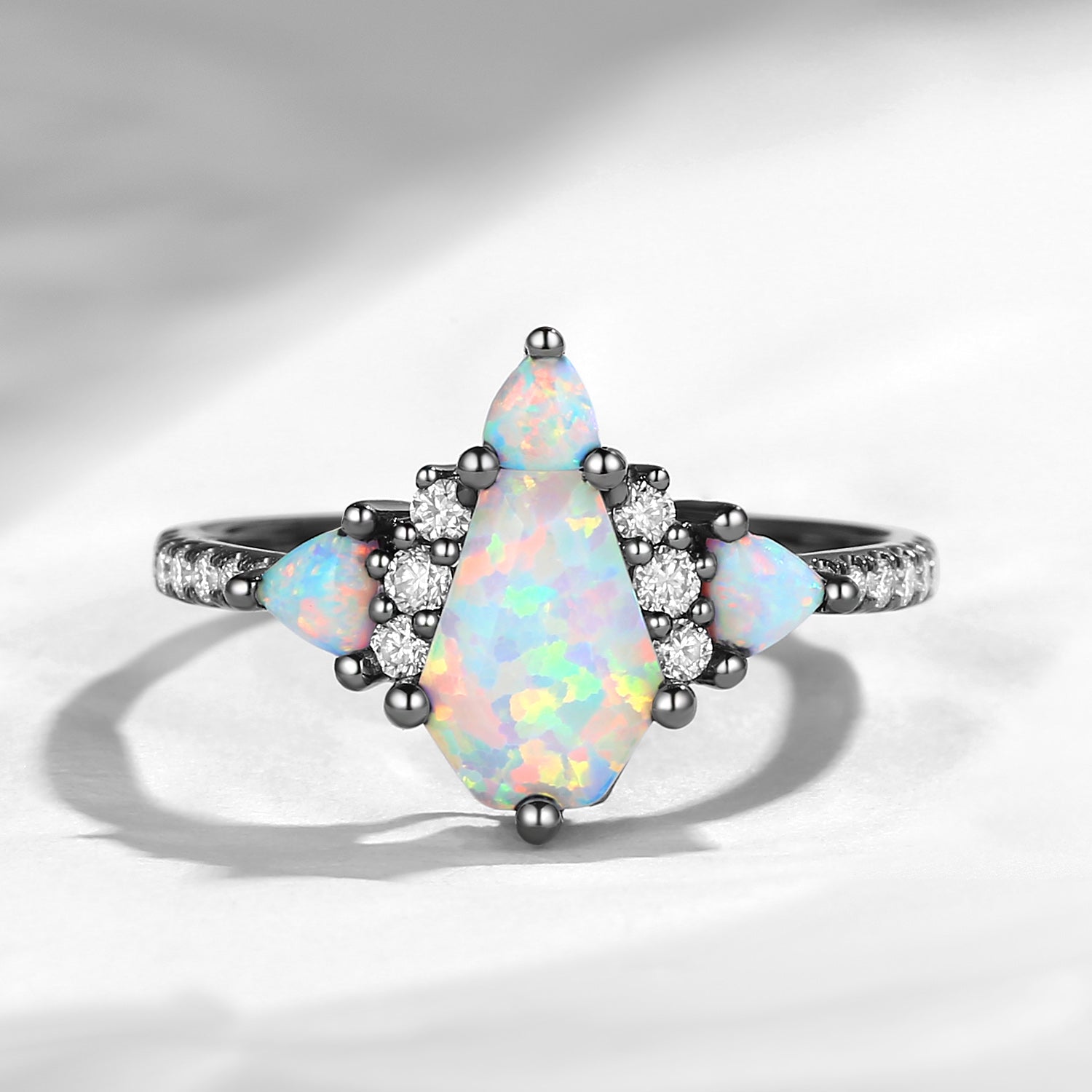 Coffin Shaped Cluster Lab Opal Black Gold Engagement Ring