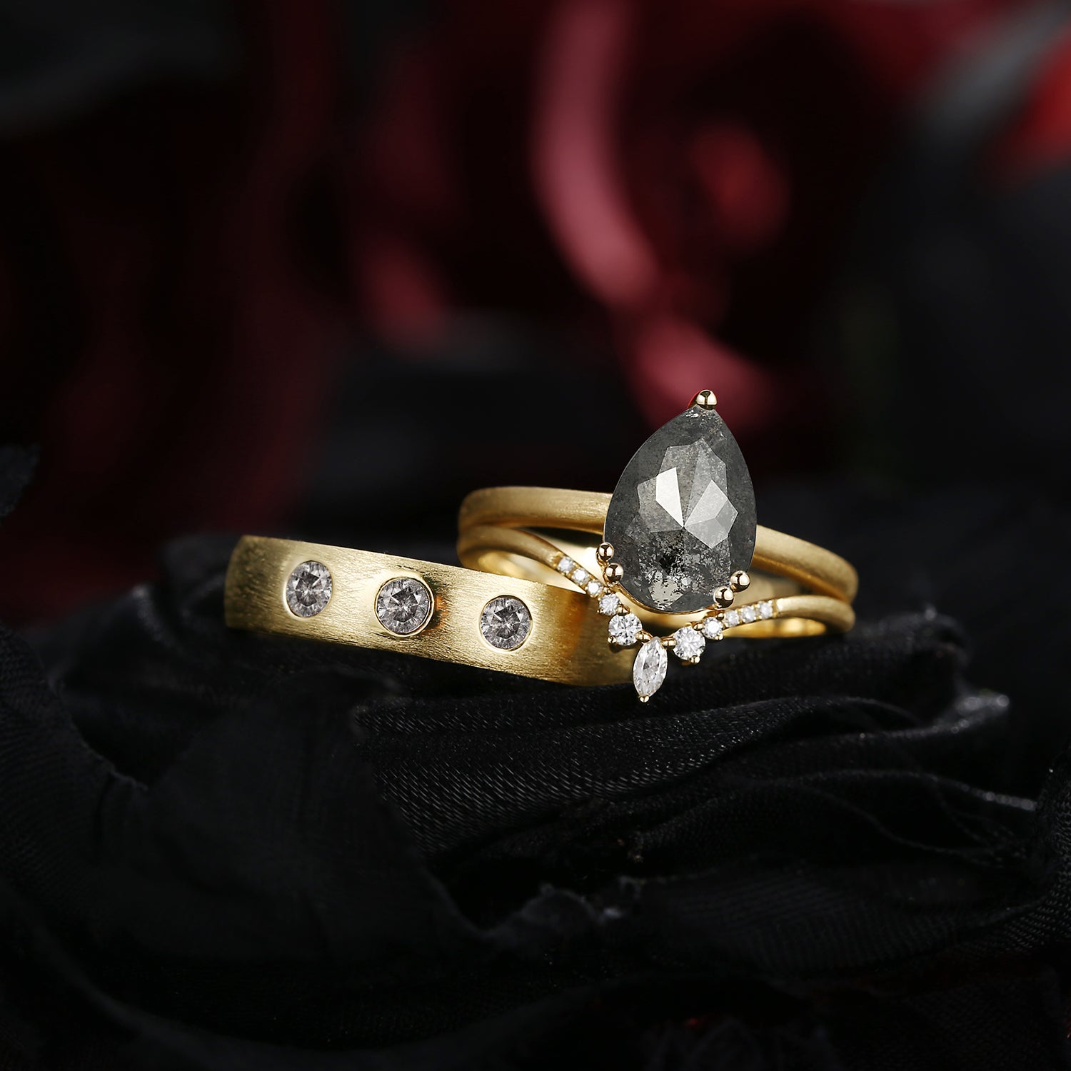 Textured Pear Shaped Salt And Pepper Diamond Couple Rings
