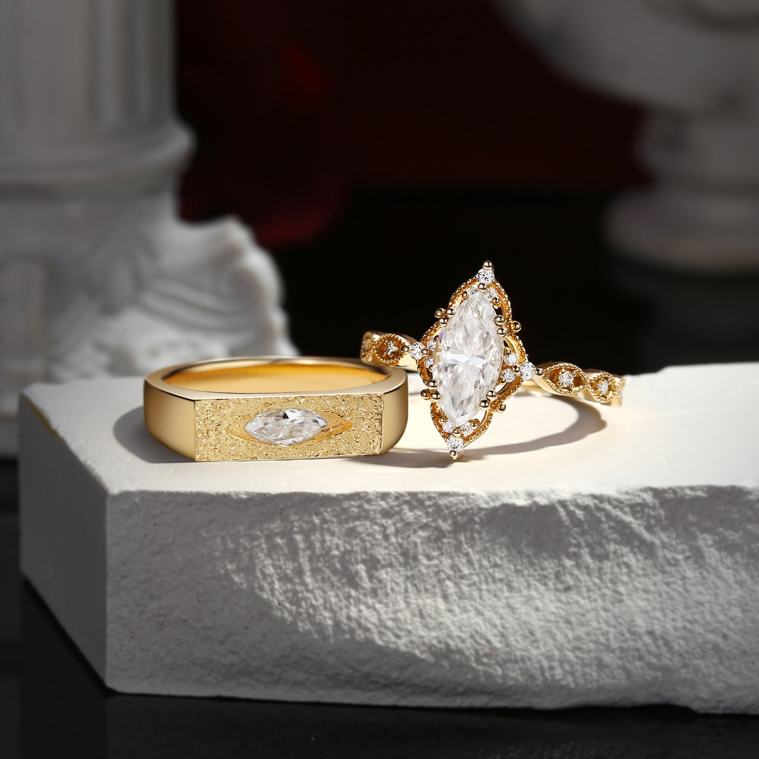 Unique Marquise Shaped Vintage Inspired Moissanite Couple Rings