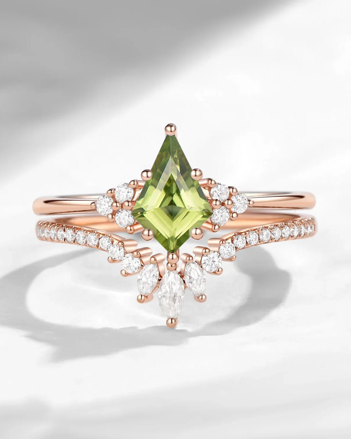 Kite Cut Peridot Engagement Ring Set 2pcs - Electra