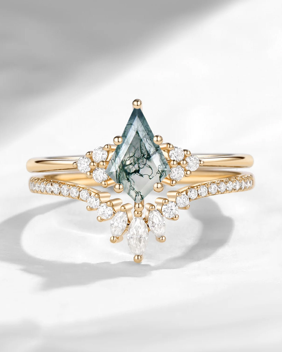 Kite Cut Moss Agate Engagement Ring Set 2pcs - Electra