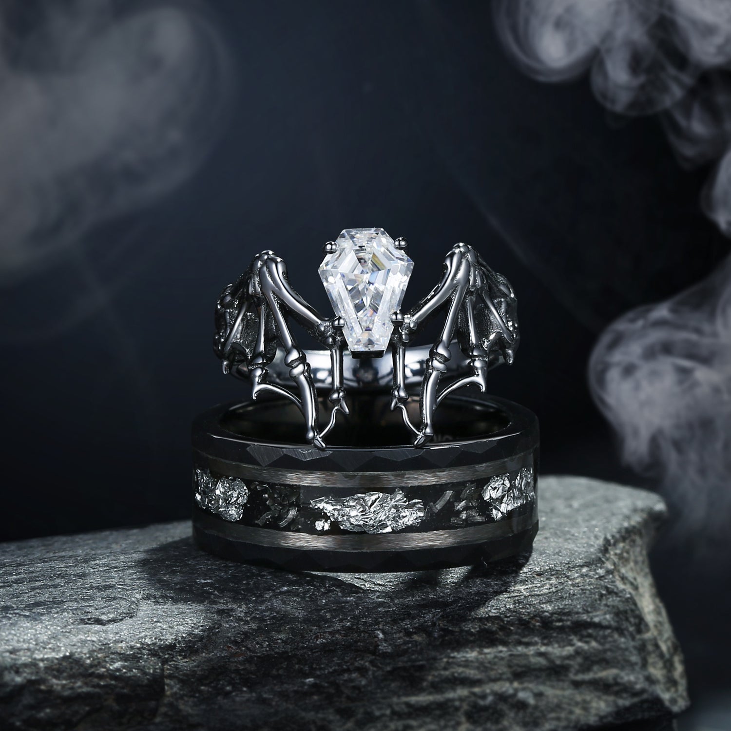 Bat Wing Inspired Coffin Moissanite With Gold Leaf Couple Bridal Ring Set