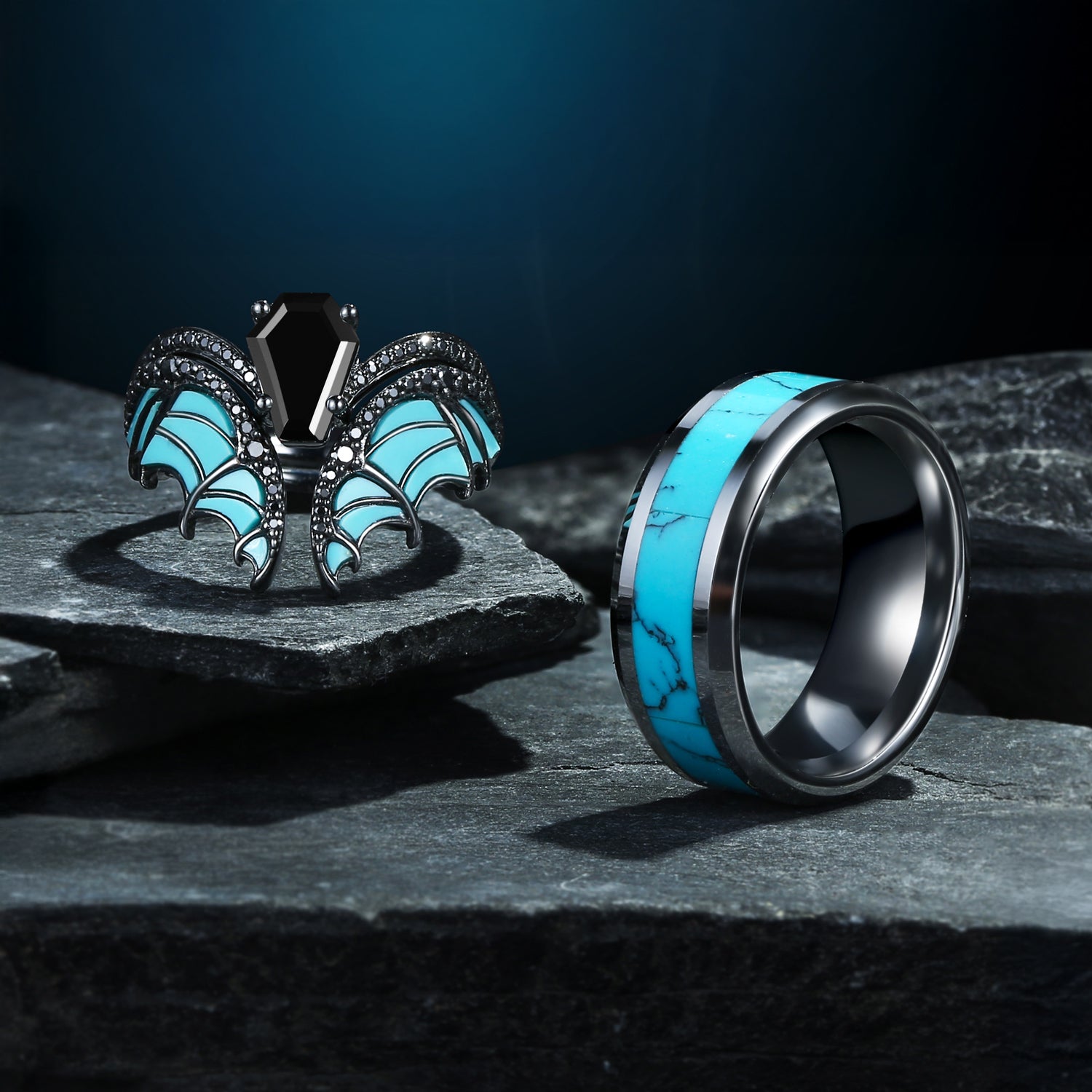 Bat Wing Inspired Coffin Black Moissanite Turquoise Couple Bridal Ring Set