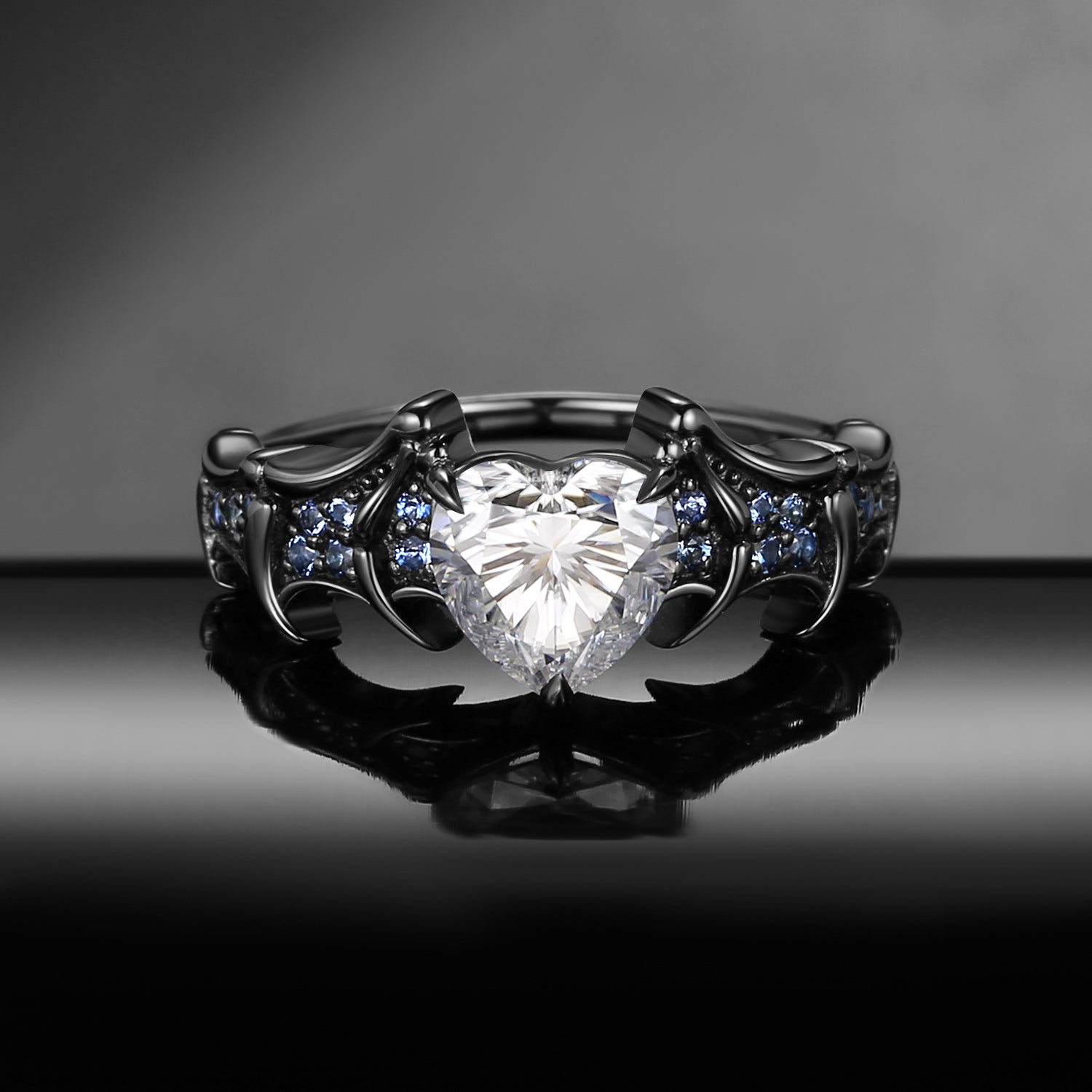 Heart Shaped Moissanite Gothic Inspired Black Gold Engagement Ring - Bat Ring