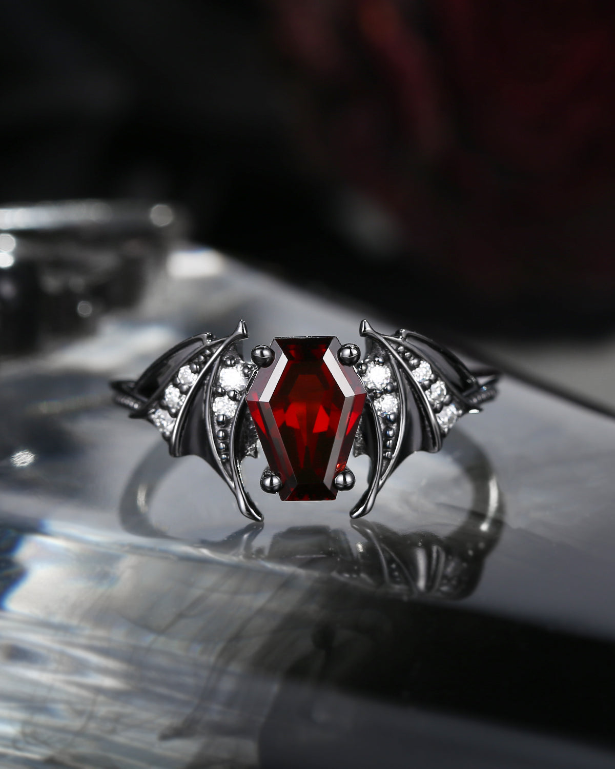 Coffin Cut Garnet Vintage Inspired Black Gold Engagement Ring - Bat Ring