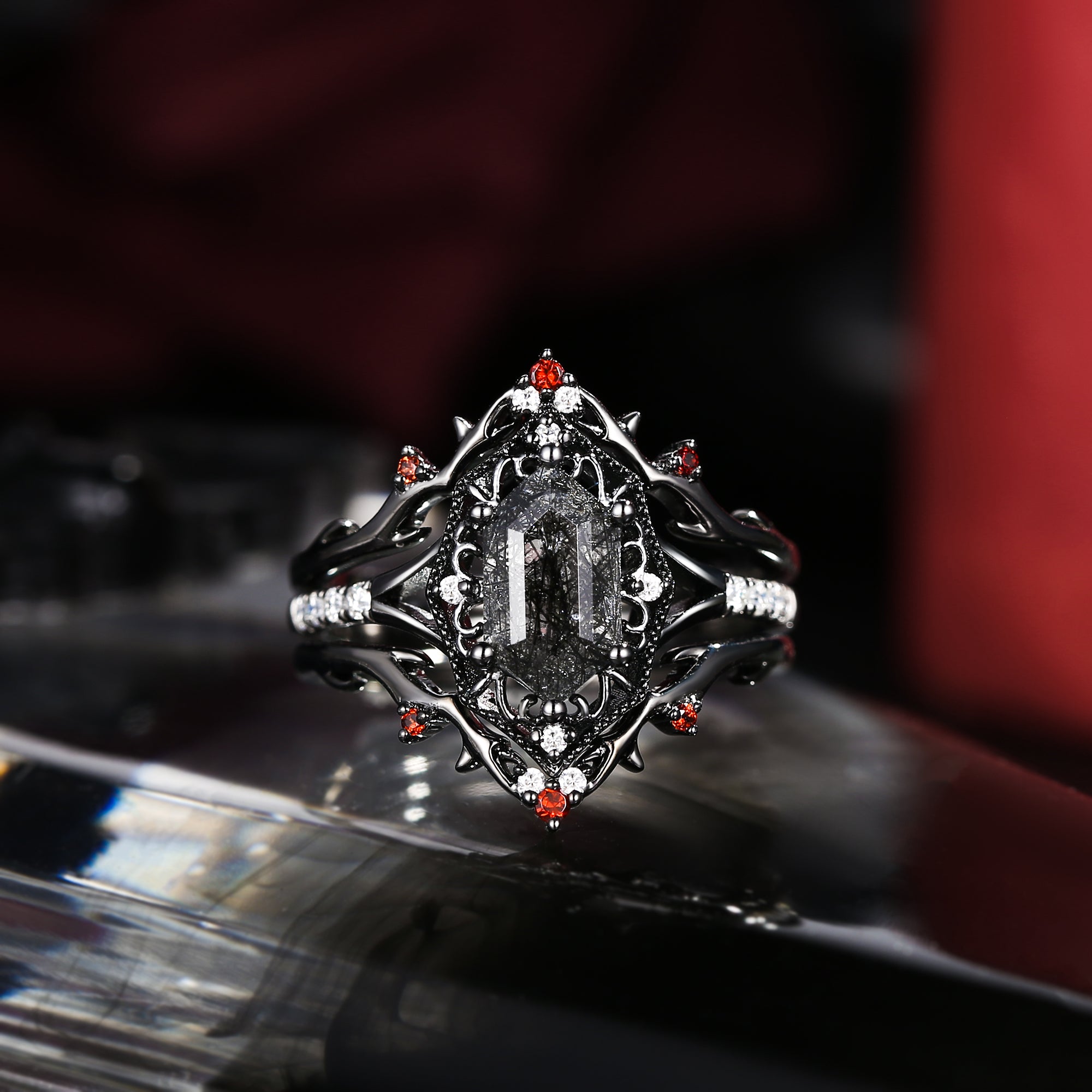Gothic Inspired Hexagon Cut Black Rutilated Quartz Vampire Shield Engagement Ring Set 3pcs