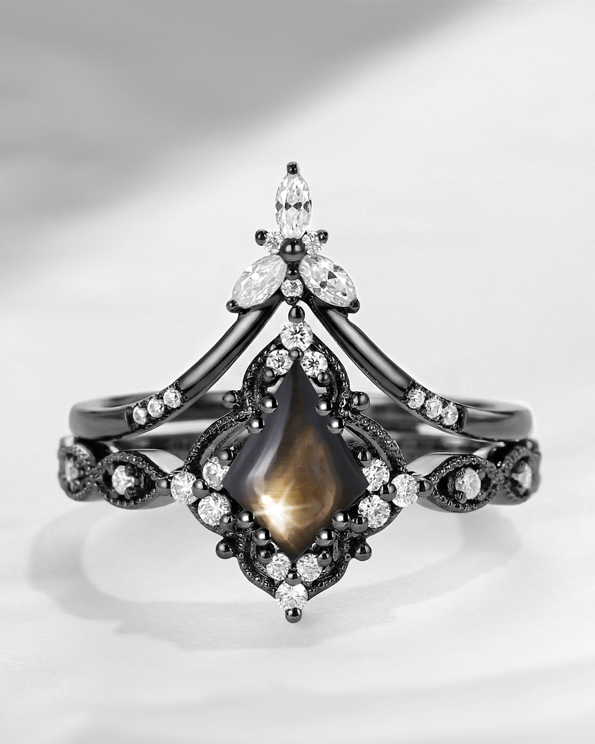 Vintage Inspired Kite Cut Natural Black Star Sapphire Milgrain Engagement Ring Set 2pcs