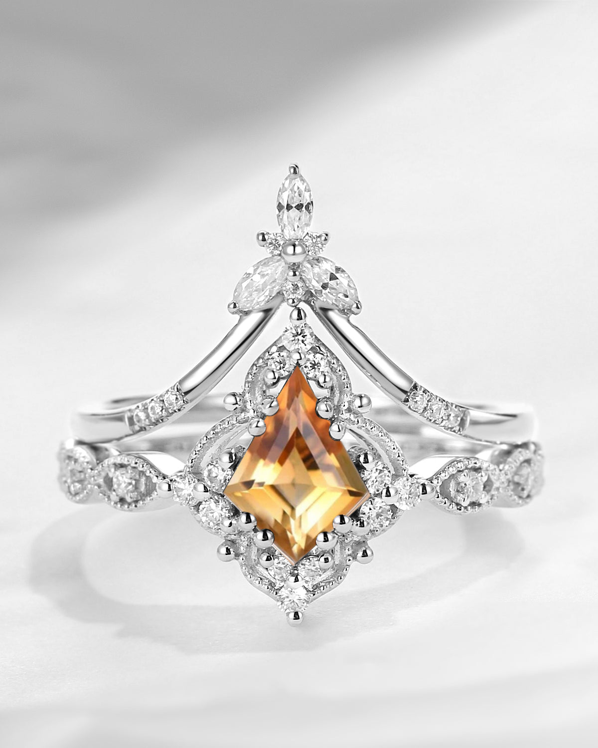 Kite Cut Yellow Sapphire Vintage Inspired Engagement Ring Set