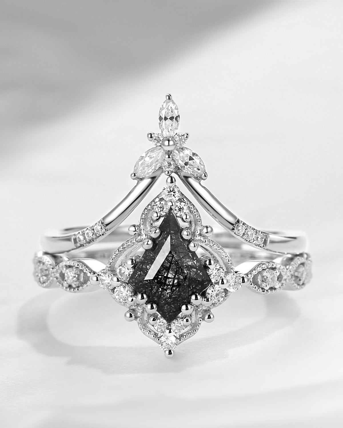 Kite Cut Black Rutilated Quartz Vintage Inspired Engagement Ring