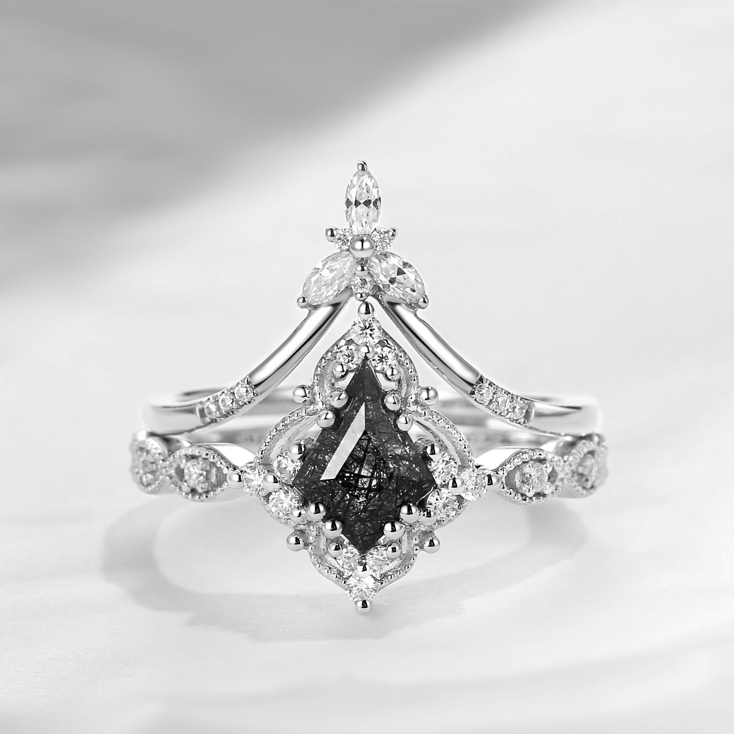 Kite Cut Black Rutilated Quartz Vintage Inspired Engagement Ring