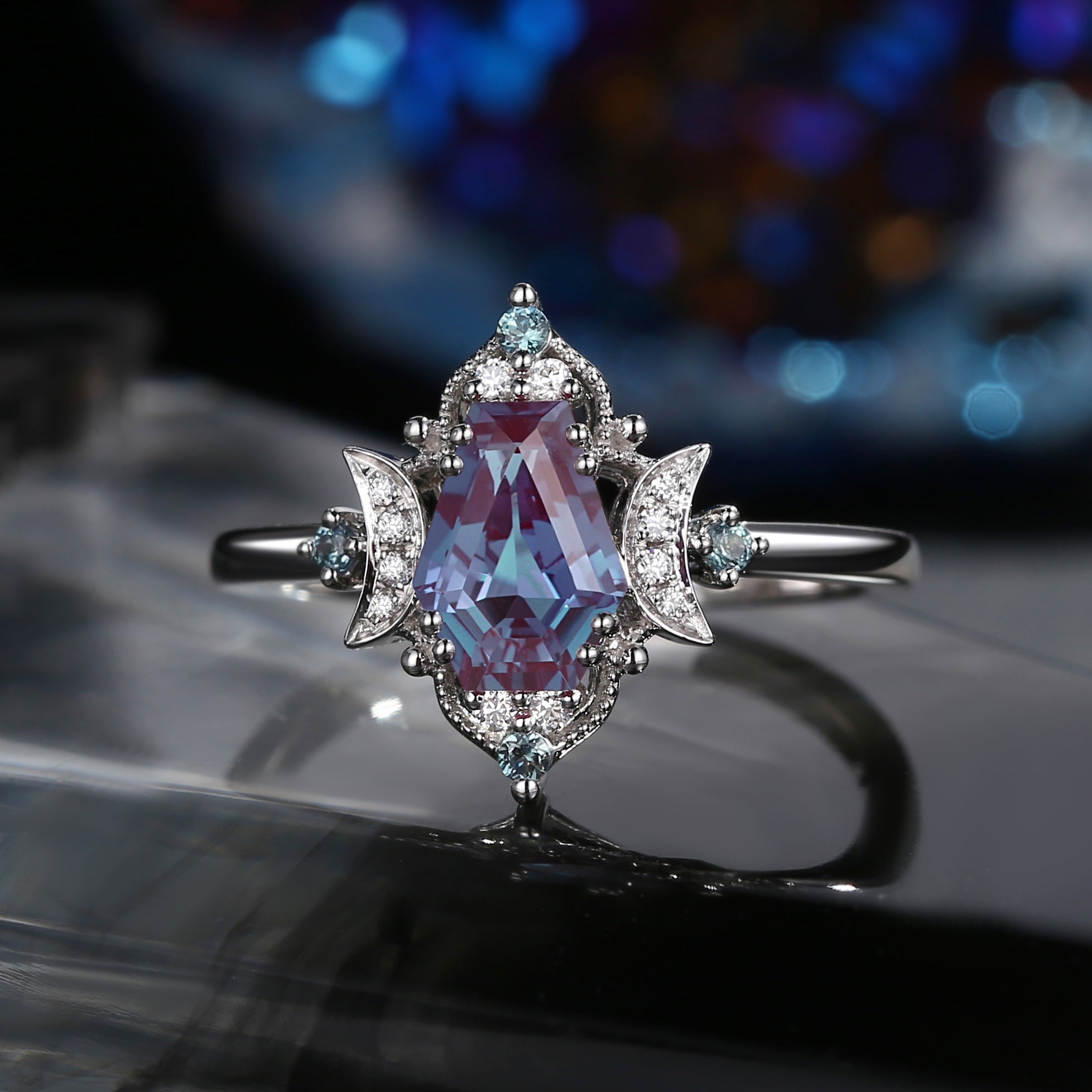 Crescent Moon|Unique Coffin Lab Alexandrite Engagement Ring-'Evermore'
