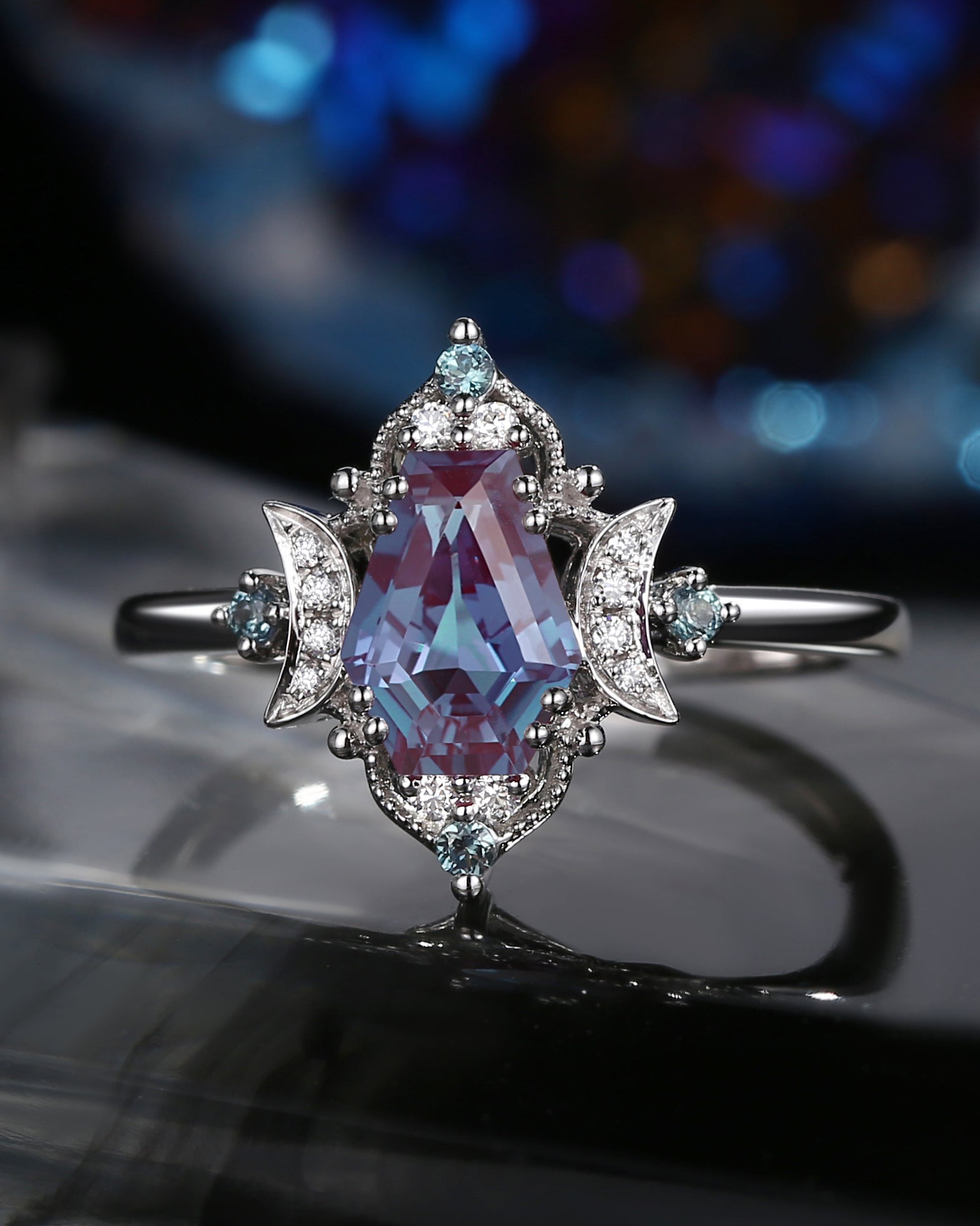 Crescent Moon|Unique Coffin Lab Alexandrite  Engagement Ring-'Evermore'