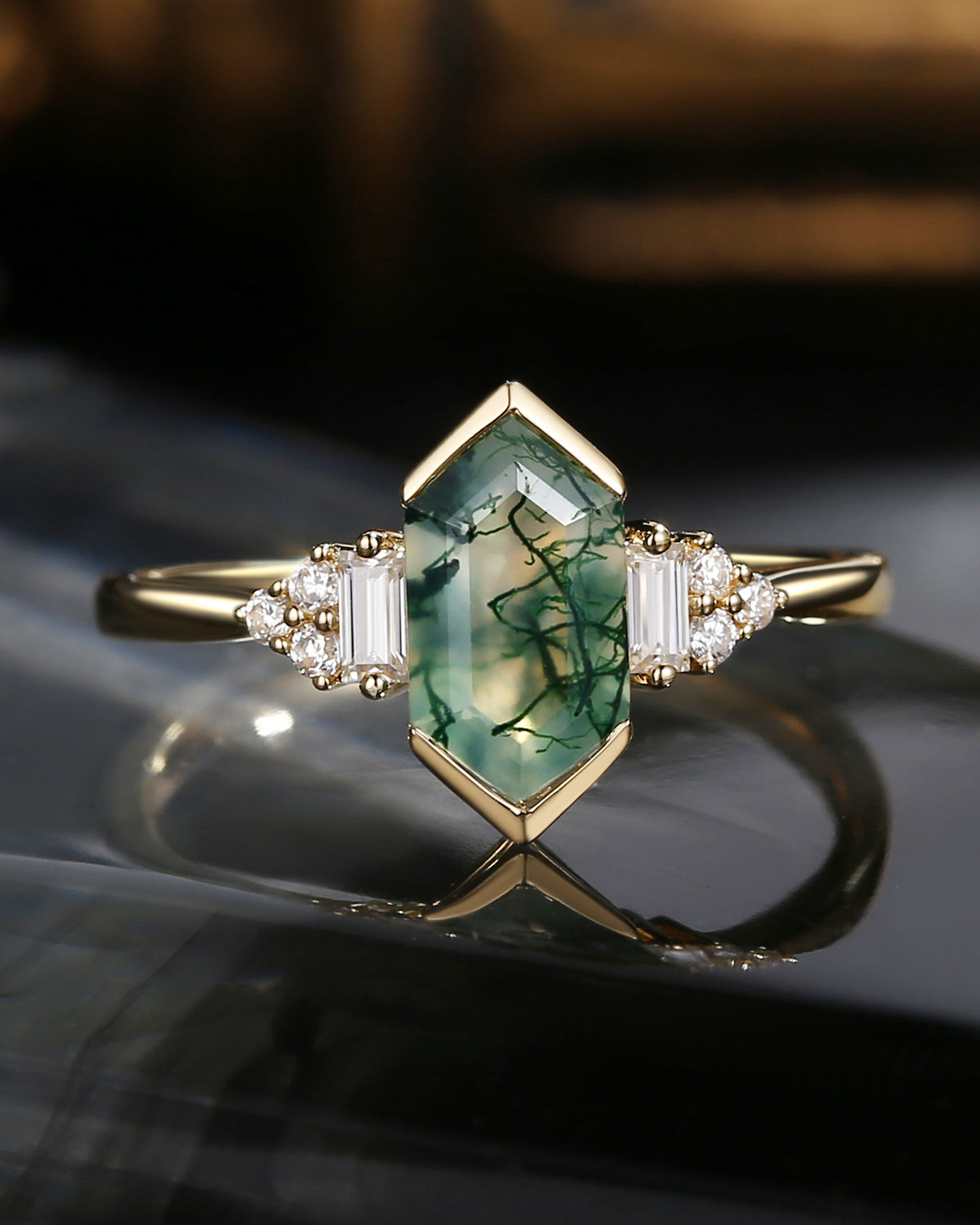 Art Deco Long Hexagon Moss Agate Cluster Engagement Ring