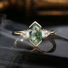 Art Deco Long Hexagon Moss Agate Cluster Engagement Ring