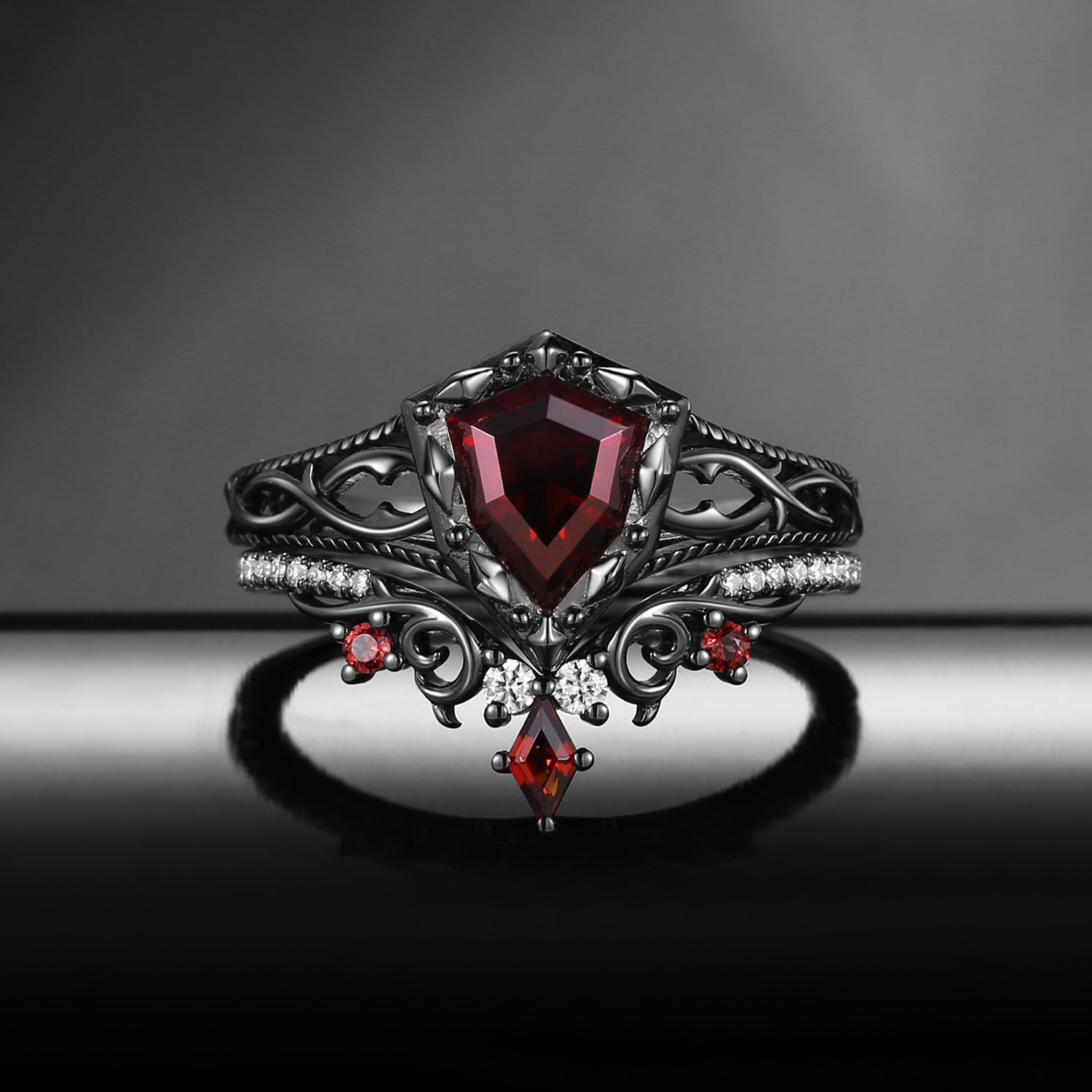Shield Cut 'Fallen Aegis' Gothic Inspired Filigree Gold Engagement Ring Set 2pcs