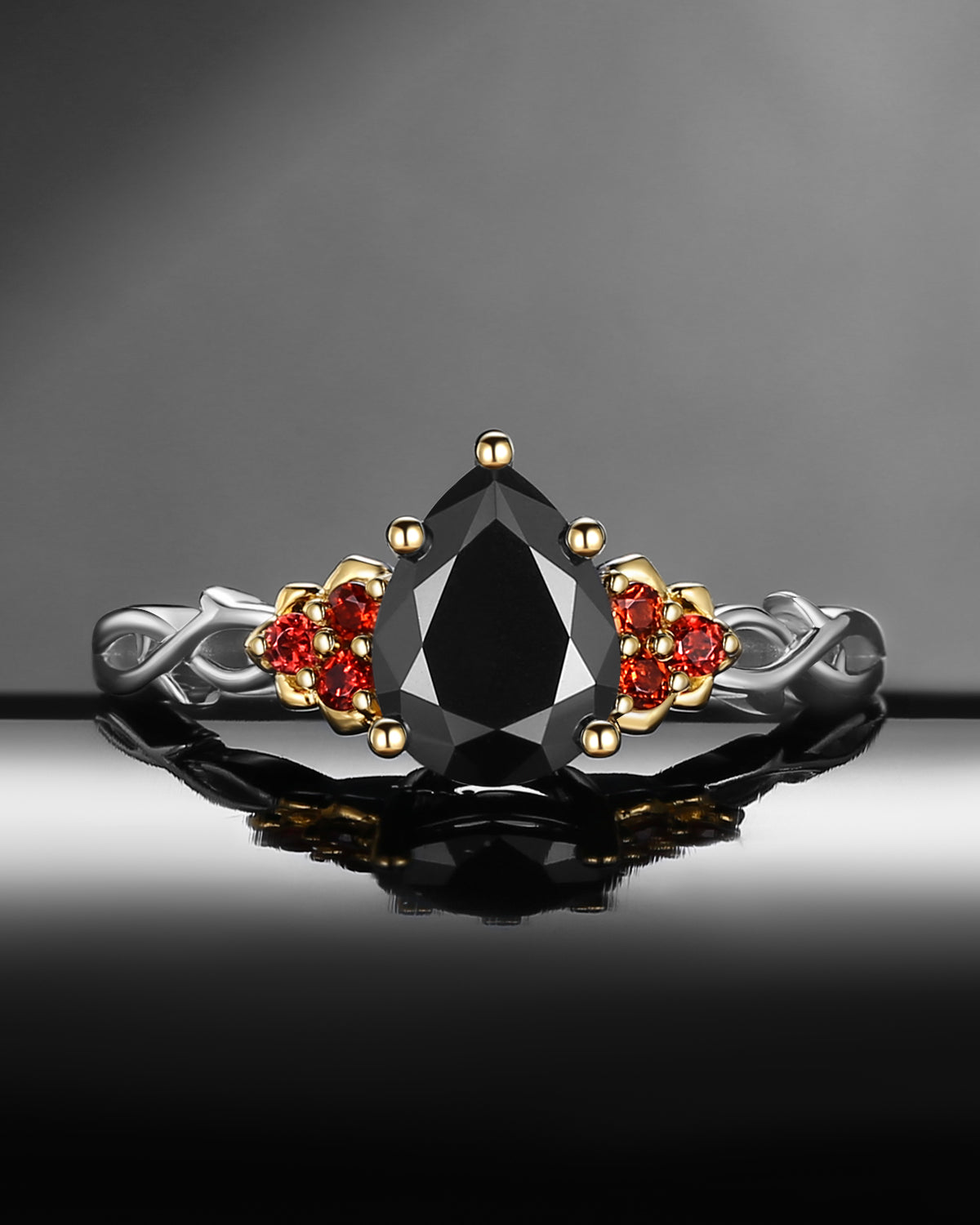 Nature Inspired Pear Shaped Black Moissanite 'Thorns & Roses' Two-Tone Engagement Ring