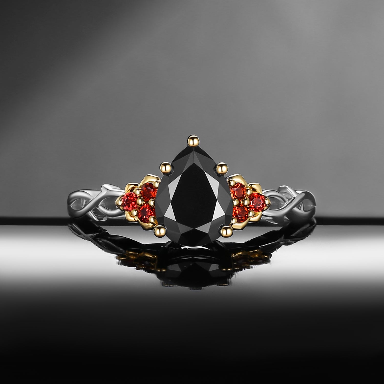 Nature Inspired Pear Shaped Black Moissanite 'Thorns & Roses' Two-Tone Engagement Ring