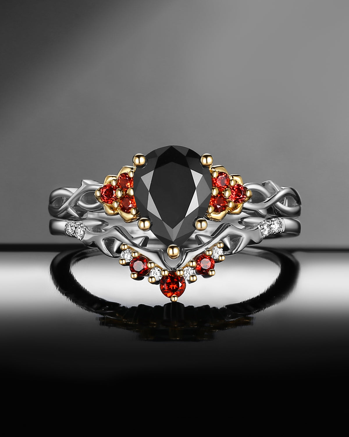 Nature Inspired Pear Shaped Black Moissanite 'Thorns & Roses' Two-Tone Engagement Ring Set 2pcs