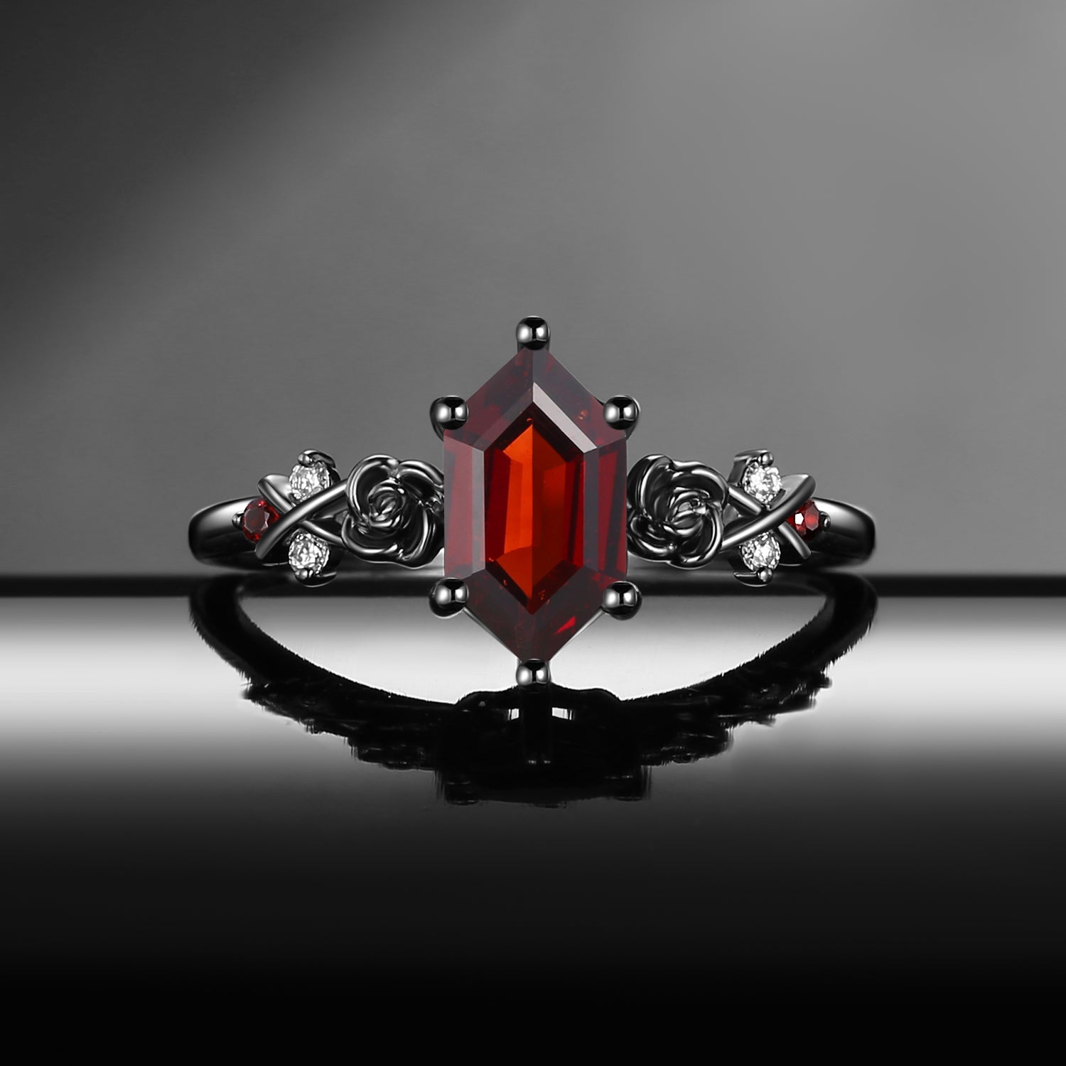Gothic Long Hexagon Garnet 'Thorns & Roses' Cluster Black Gold Engagement Ring