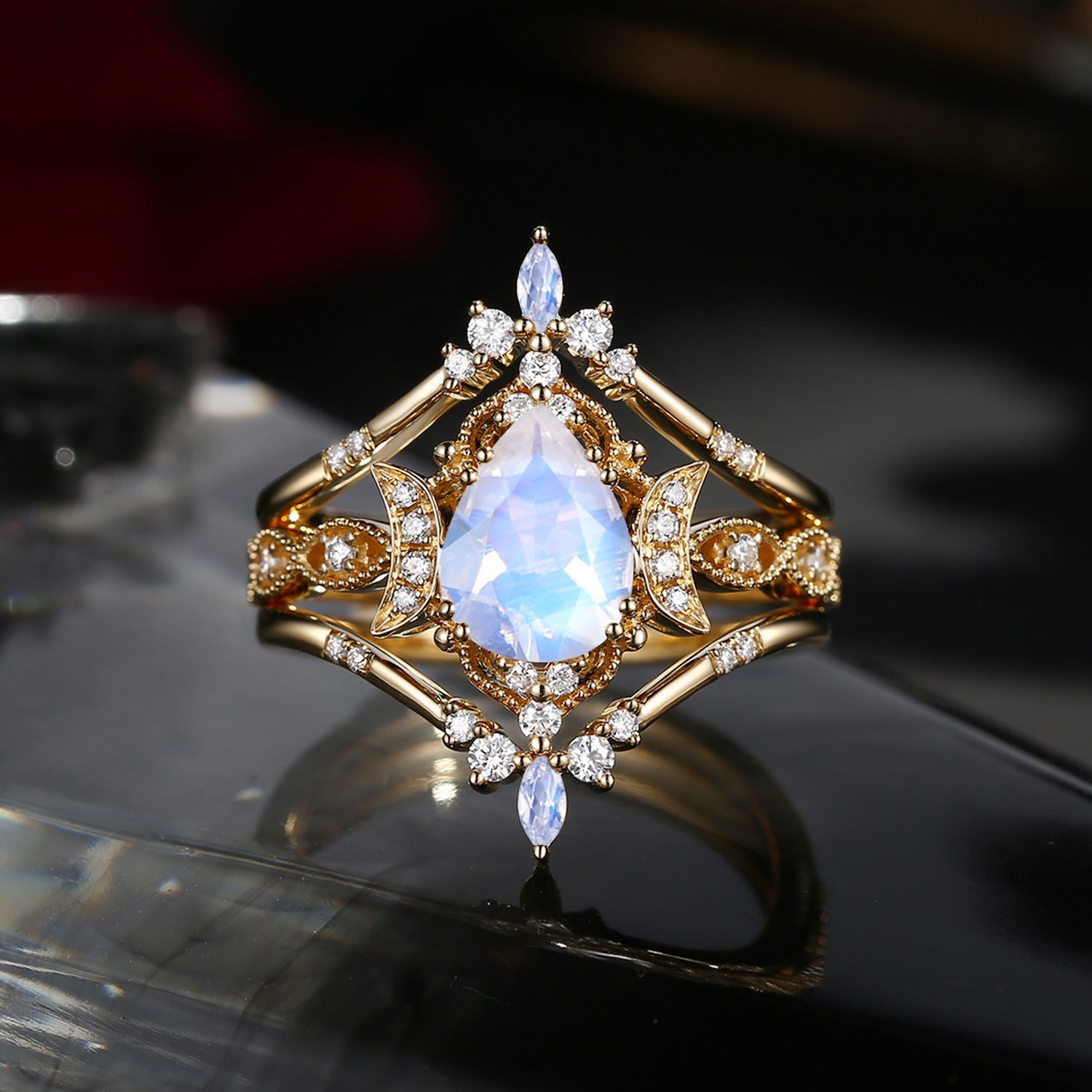 Crescent moon | 18K Vintage Inspired Pear Shaped Moonstone Ring Set 3PCS