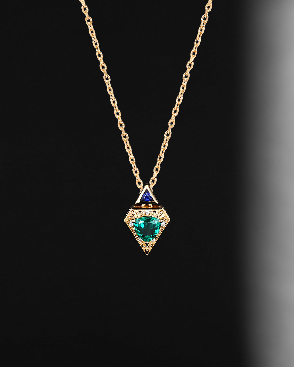 Vintage Inspired Triangle Cut Lab Emerald 'Fallen Aegis' Filigree Gold Necklace