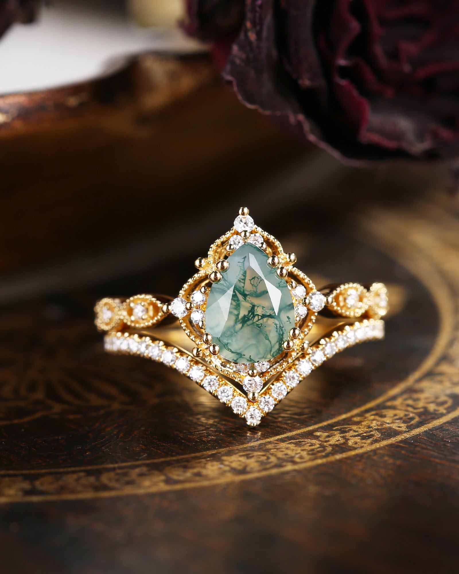 1.5ct Pear Shaped Moss Agate Engagement Ring Set 2pcs - Evelyn