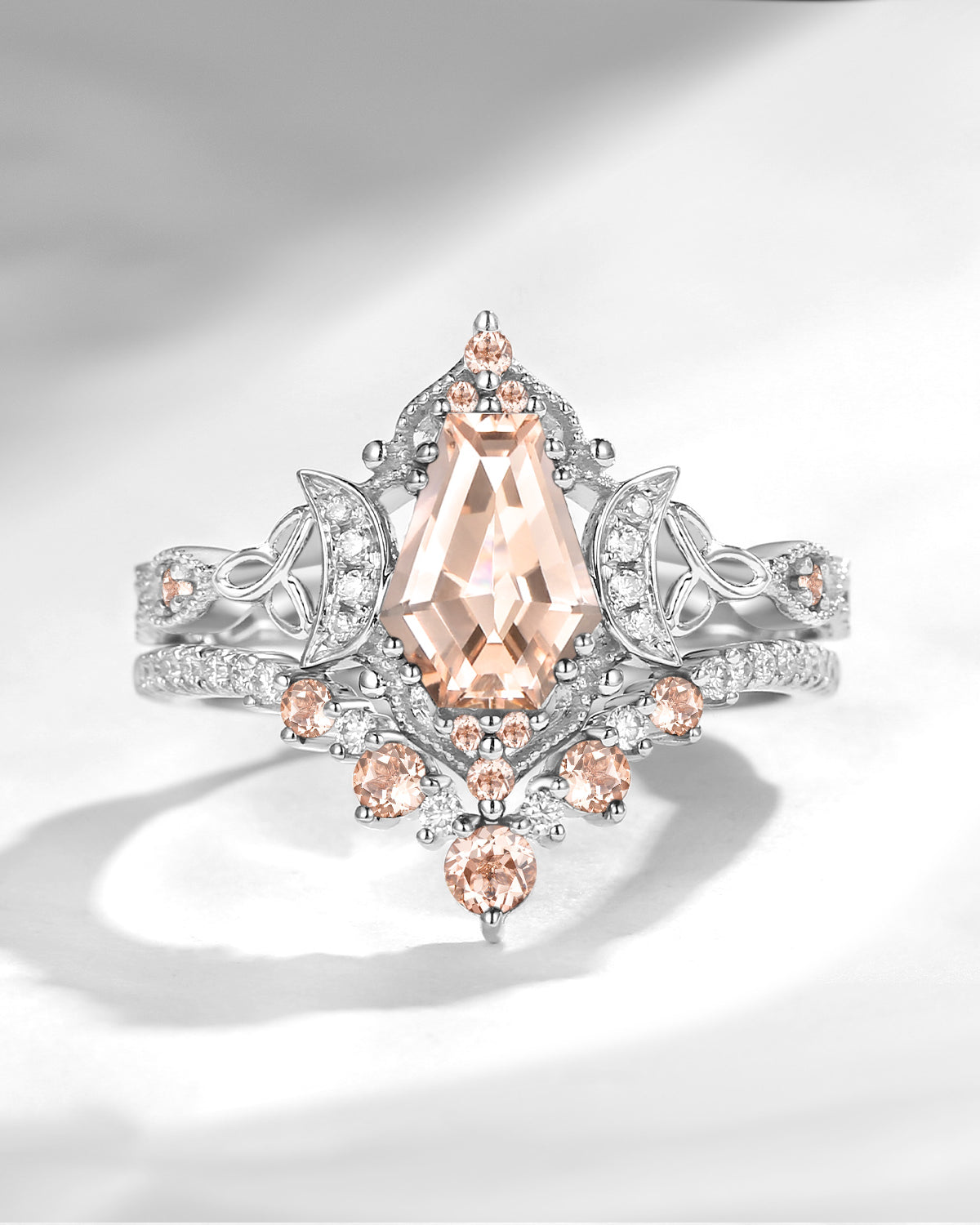 Crescent Moon | Unique Coffin Cut Morganite Infinity Engagement Ring Set 2pcs