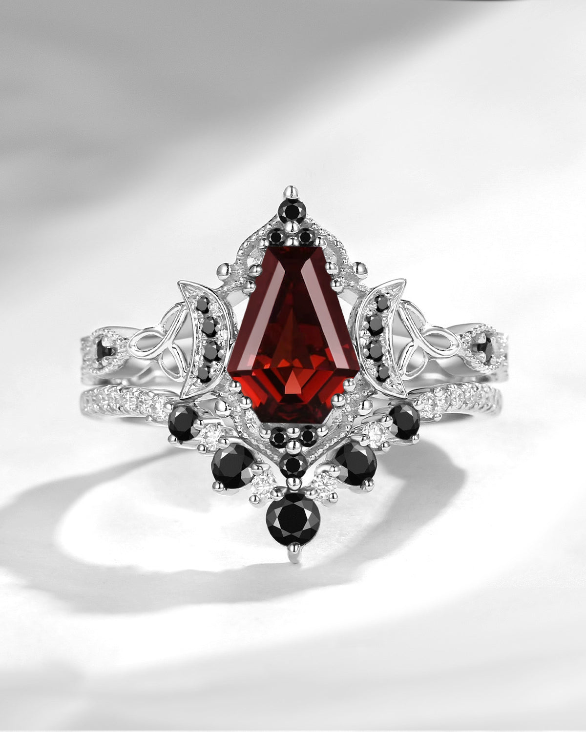 Crescent Moon | Unique Coffin Cut Garnet & Black Moissanite Celtic Engagement Ring Set 2pcs