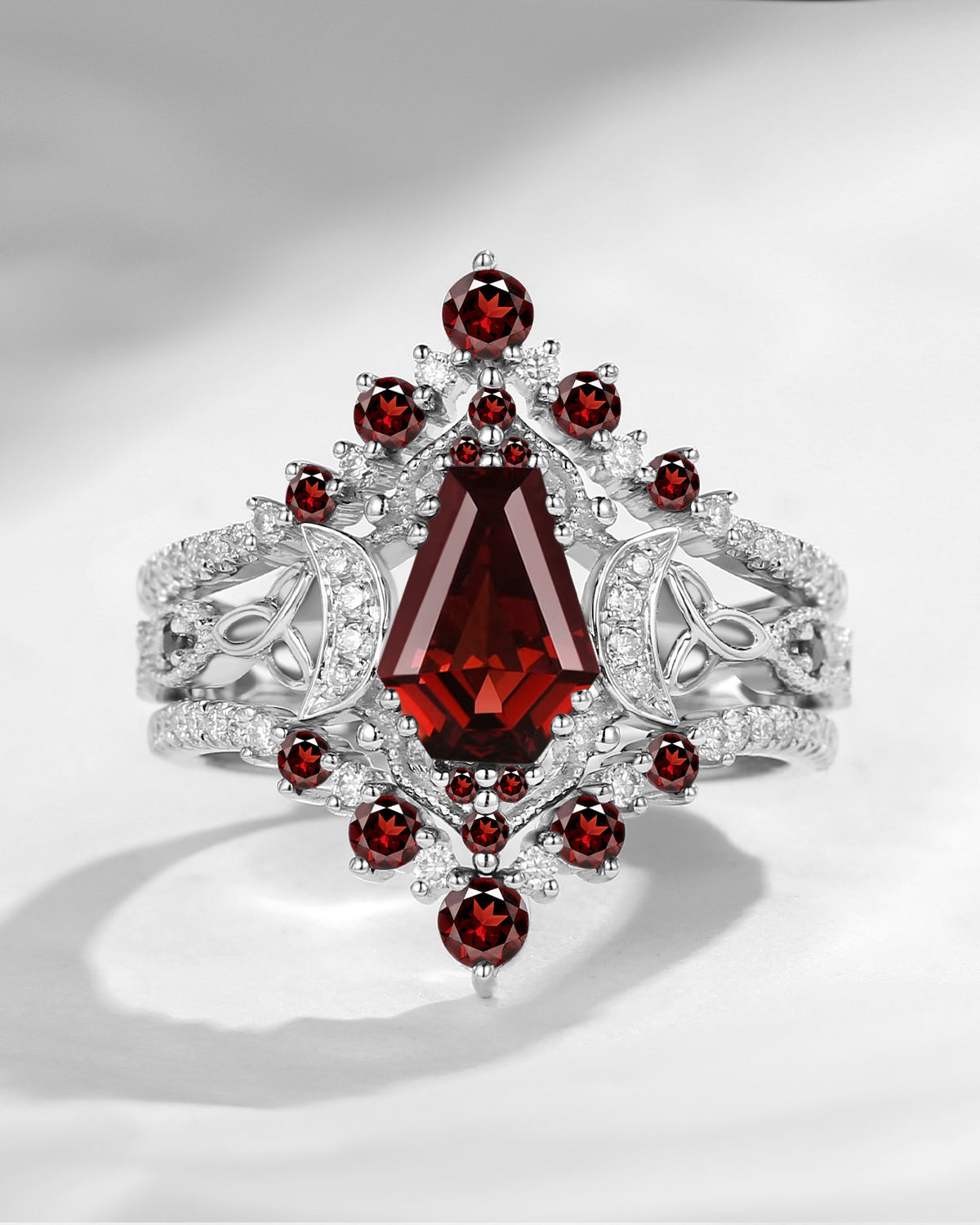 Crescent Moon | Unique Coffin Garnet Celtic Infinity Engagement Ring Set 3pcs