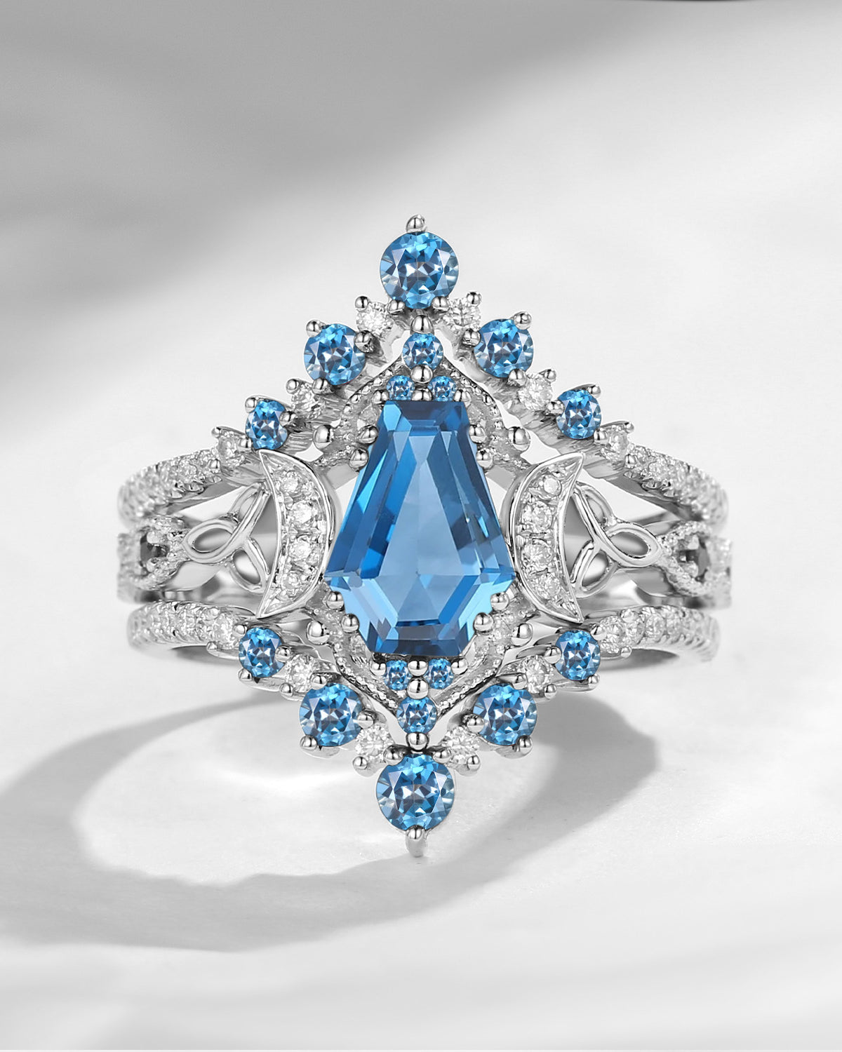 Crescent Moon | Unique Coffin Blue Topaz Celtic Infinity Engagement Ring Set 3pcs
