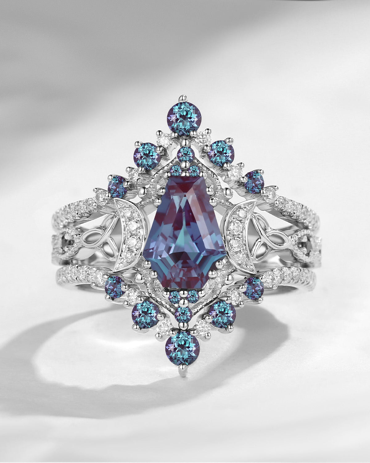 Crescent Moon | Unique Coffin Lab Alexandrite Celtic Infinity Engagement Ring Set 3pcs
