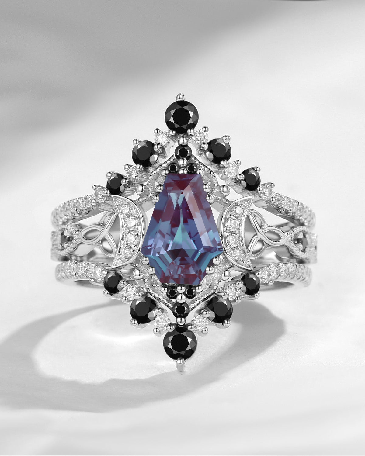 Crescent Moon | Unique Coffin Lab Alexandrite & Black Moissanite Celtic Infinity Engagement Ring Set 3pcs