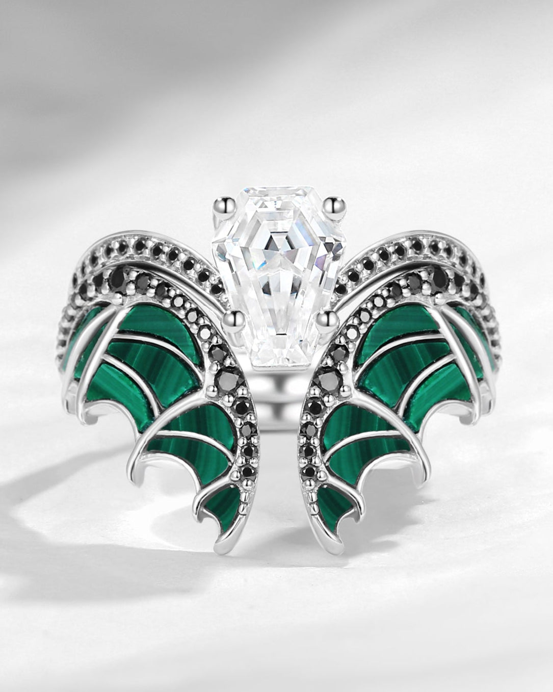 Unique Coffin Cut Moissanite Malachite Bridal Set 2pcs - Bat Ring