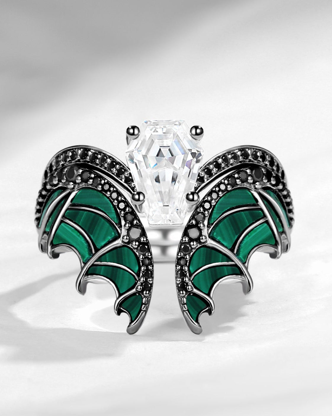 Unique Coffin Cut Moissanite Malachite Black Gold Bridal Set 2pcs - Bat Ring