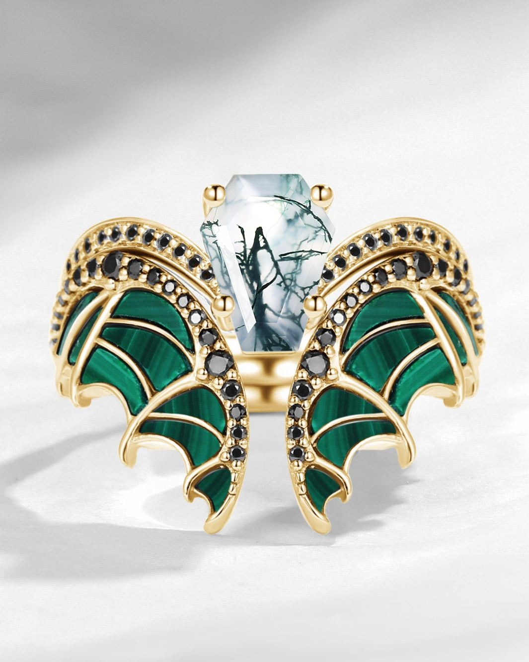 Unique Coffin Cut Moss Agate Malachite Bridal Set 2pcs - Bat Ring
