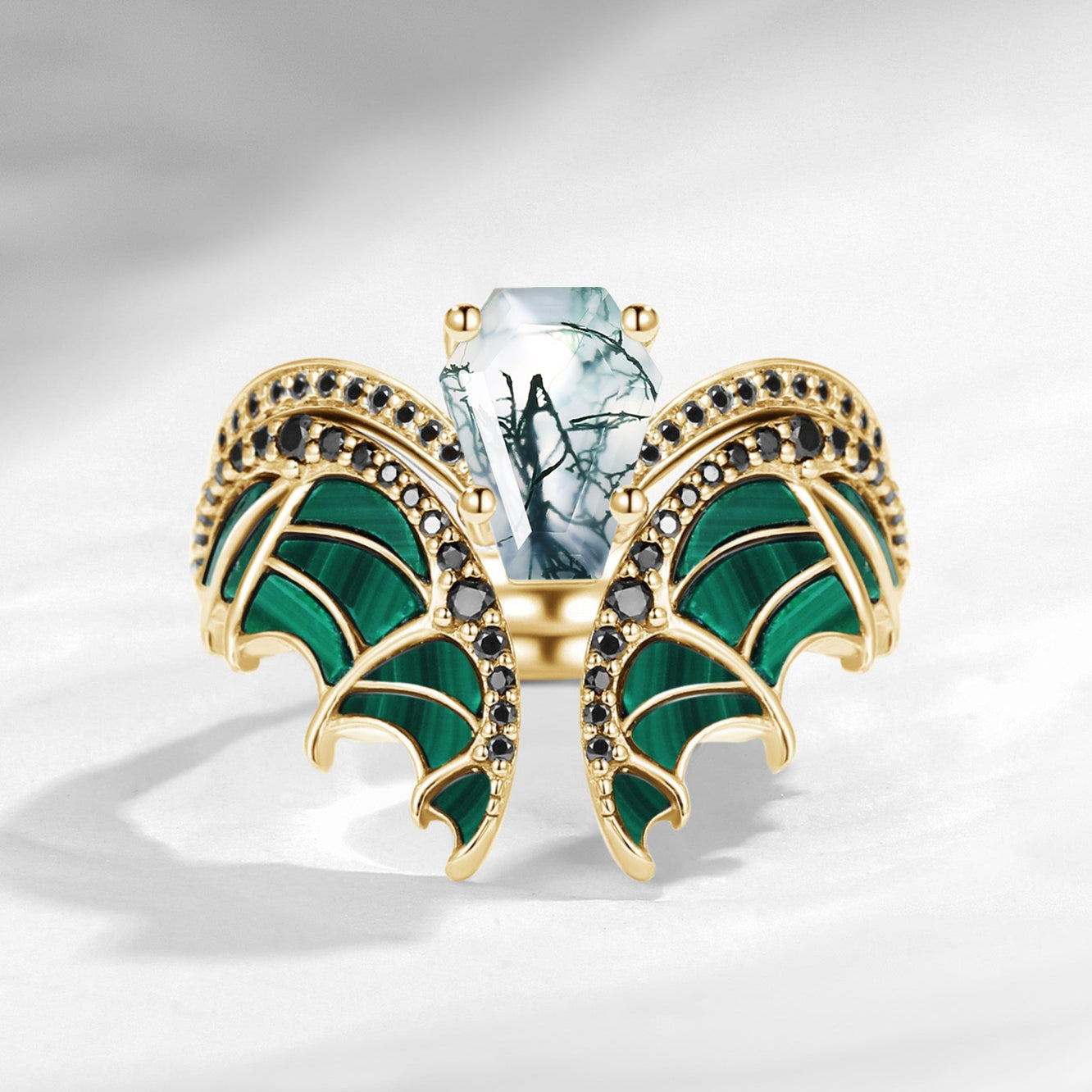 Unique Coffin Cut Moss Agate Malachite Bridal Set 2pcs - Bat Ring