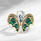 Unique Coffin Cut Moss Agate Malachite Bridal Set 2pcs - Bat Ring