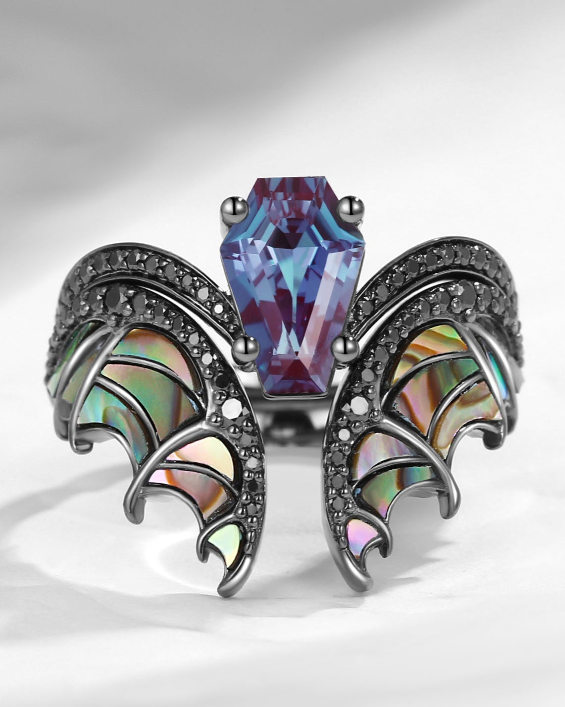 Unique Coffin Cut Lab Alexandrite Abalone Shell Black Gold Bridal Set 2pcs - Bat Ring