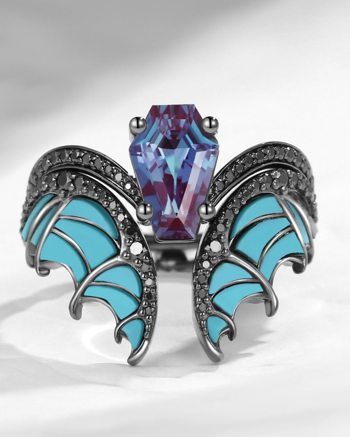 Unique Coffin Cut Lab Alexandrite Turquoise Black Gold Bridal Set 2pcs - Bat Ring
