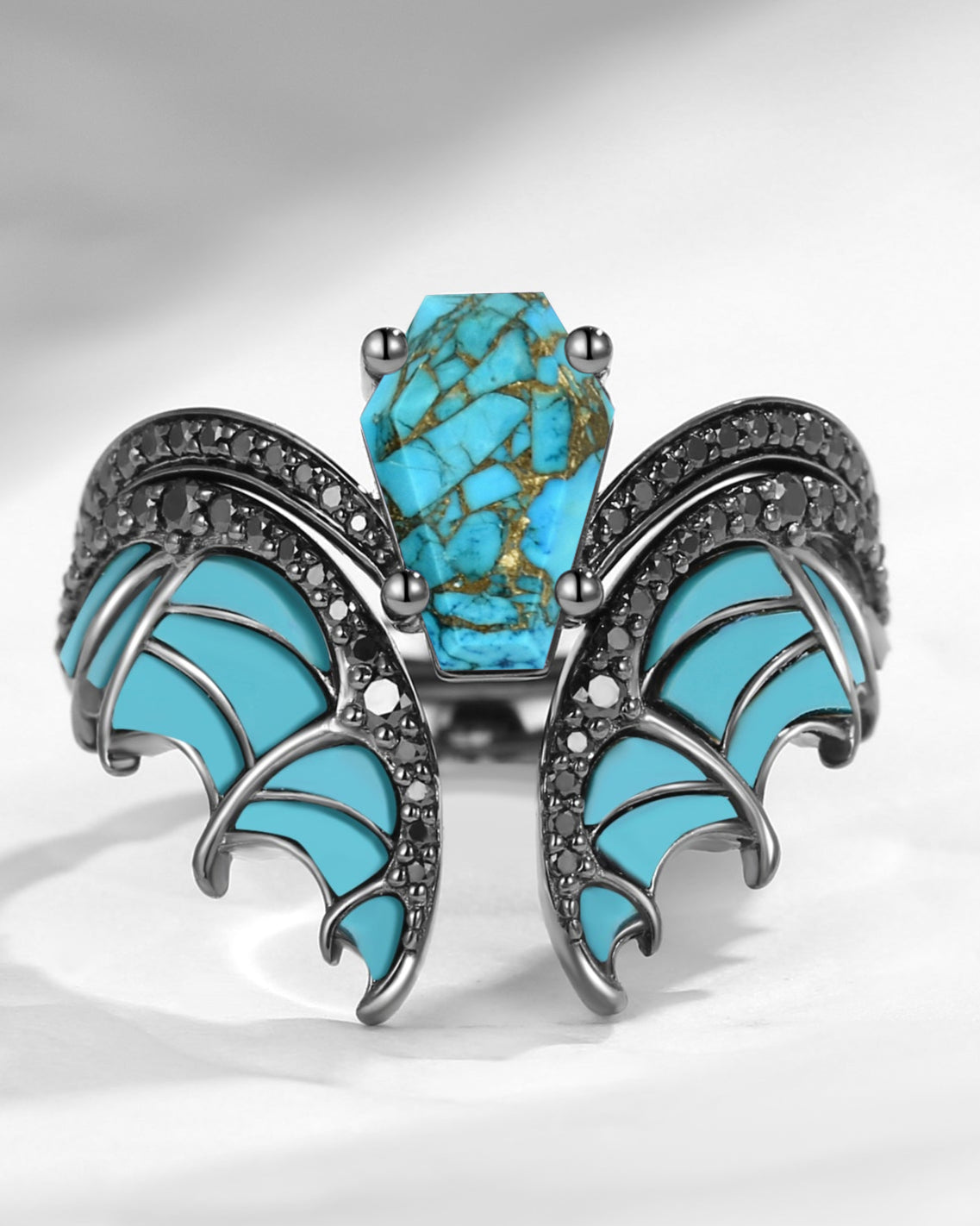 Unique Coffin Cut Turquoise Black Gold Bridal Set 2pcs - Bat Ring