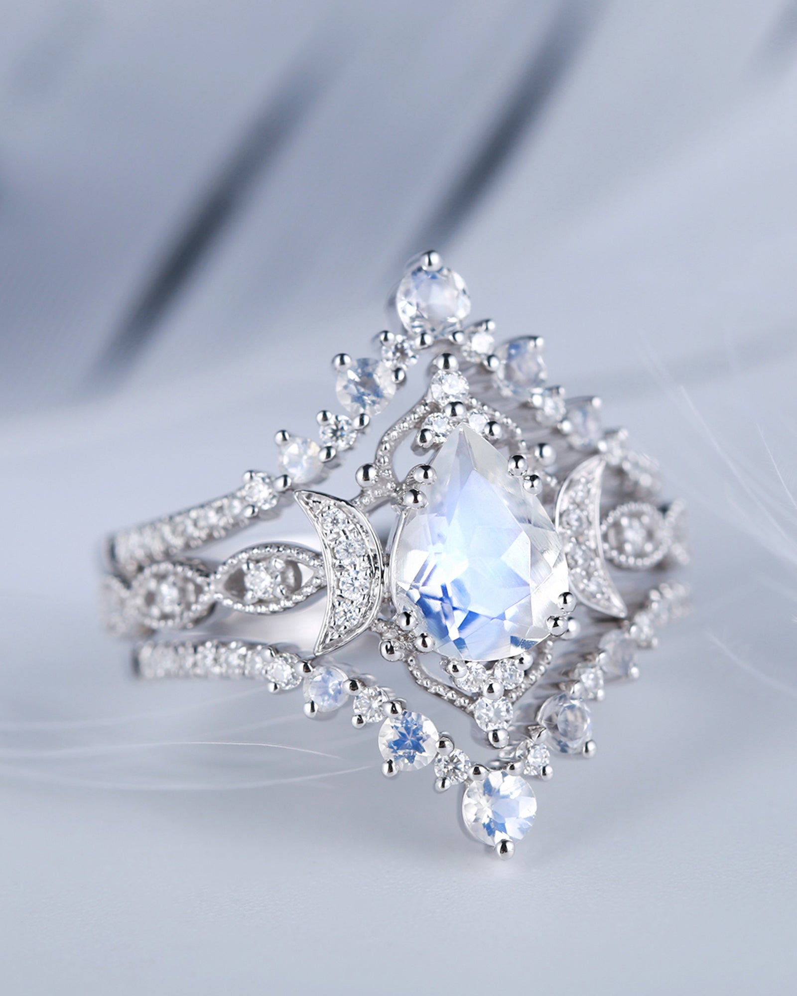 Moonstone Crescent Engagement Ring Set 3pcs In Pear