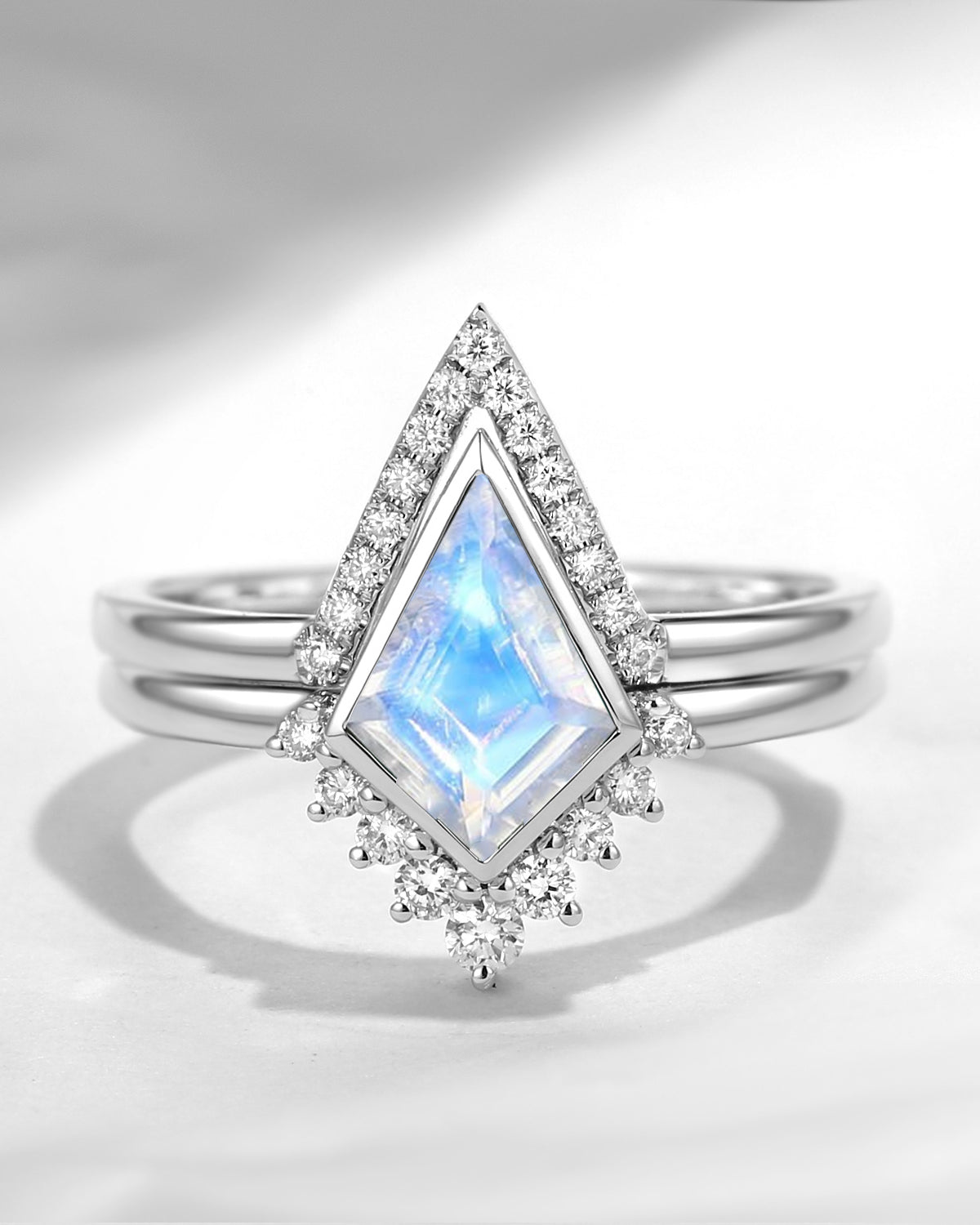 Kite Shaped Moonstone Engagement Ring Set 2pcs - Statement