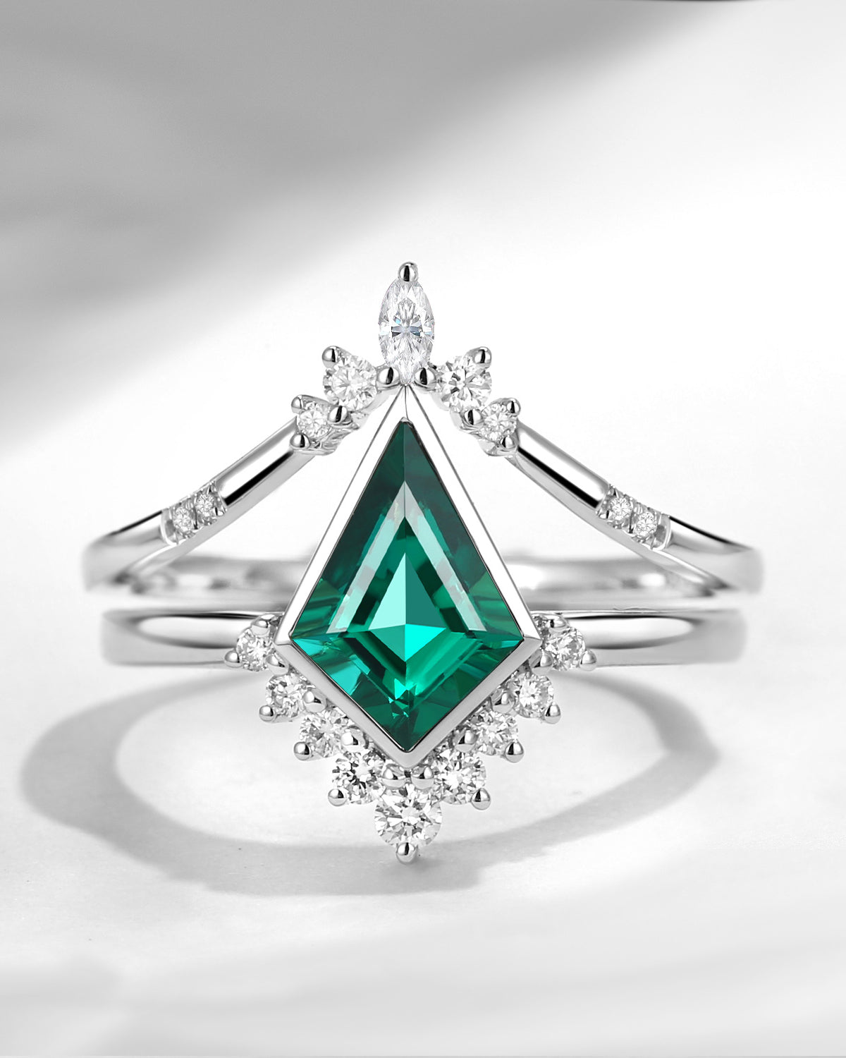 18K Kite Shaped Lab Emerald Engagement Ring