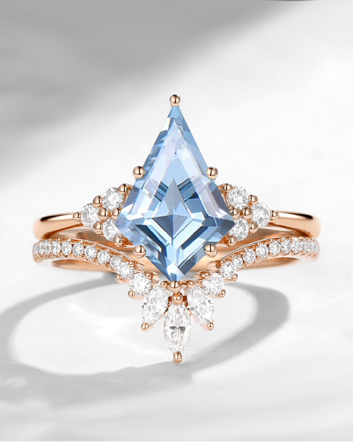 Kite Cut Aquamarine Classic Cluster Engagement Ring Set 2pcs - Electra