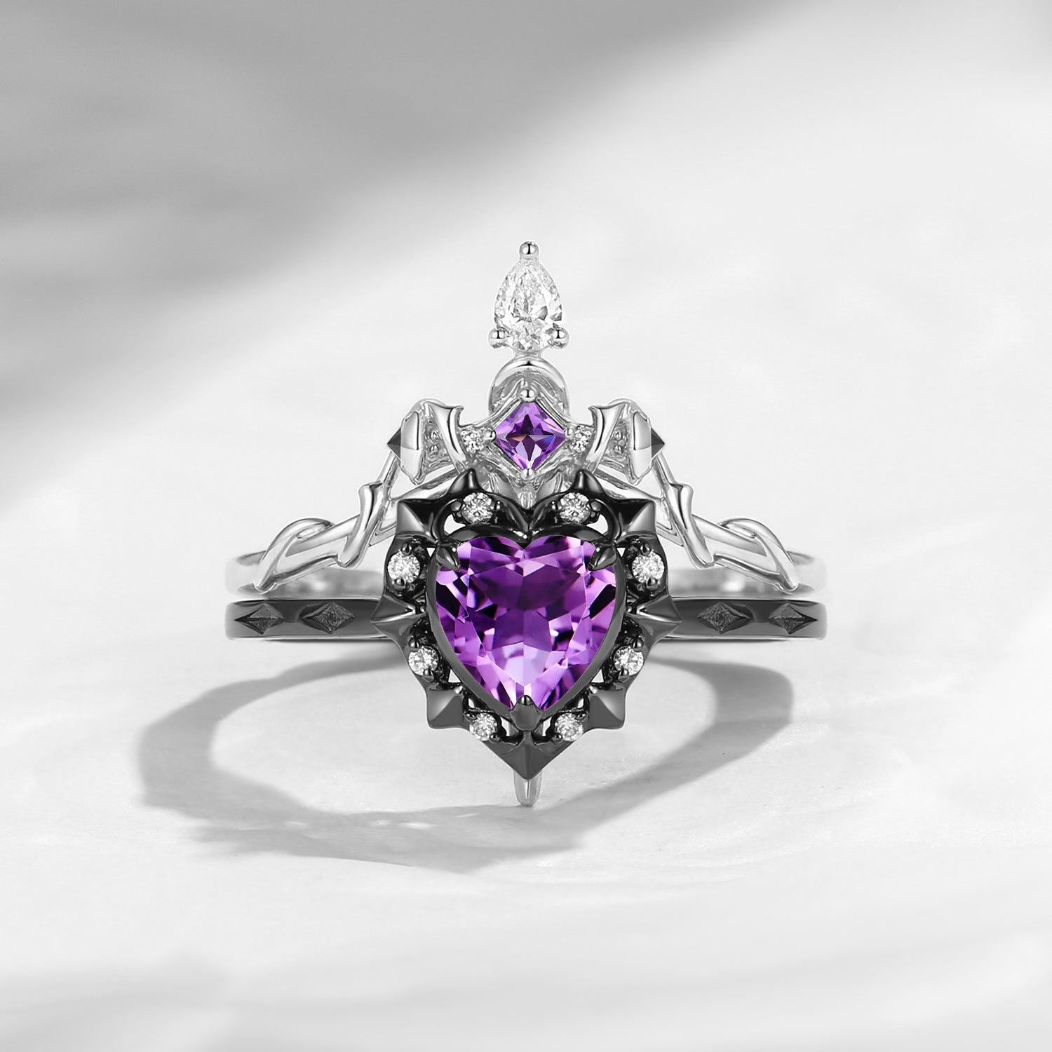 'Cupid's Arrow' - Heart Shaped Amethyst Heart Sword Ring Alternative Bridal Set